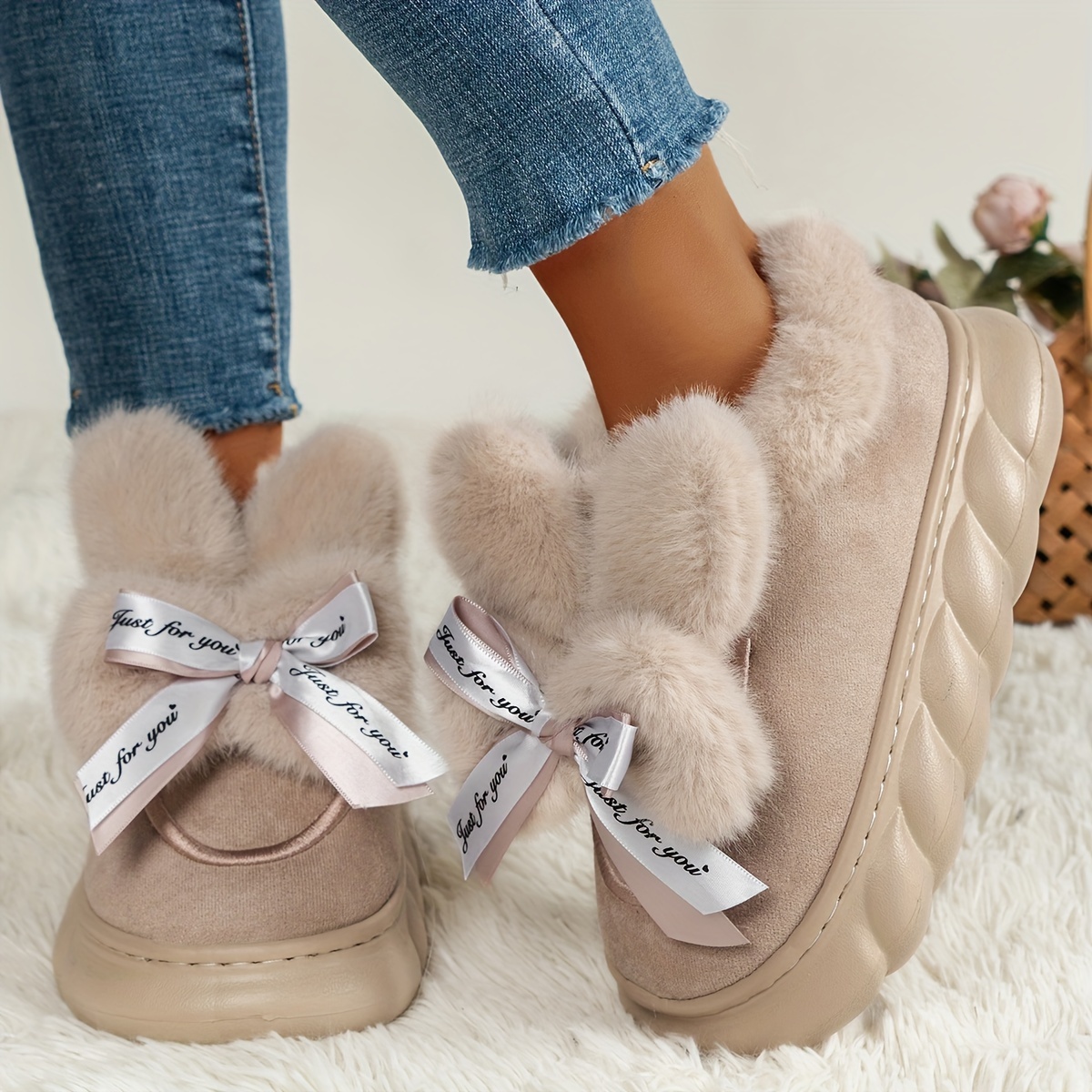 

Cute Rabbit Decor Platform Slippers, Casual Slip On Plush Lined Shoes, Comfortable Indoor Home Slippers