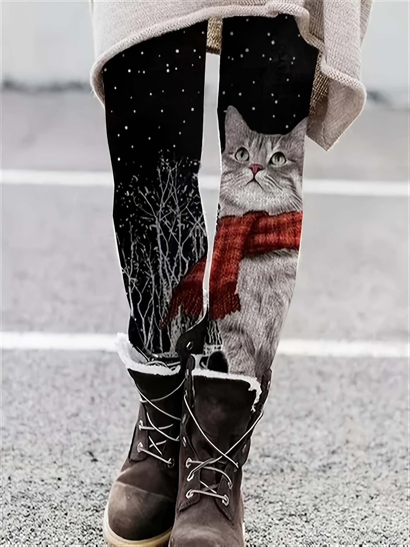 Cute Cat Print Skinny Leggings Casual High Waist Leggings - Temu Canada