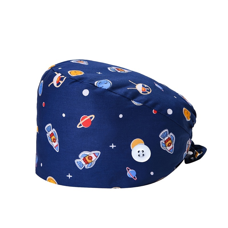 Cartoon Print Work Hat Adjustable Nurse Hat With Buttons Elastic Scrub Cap