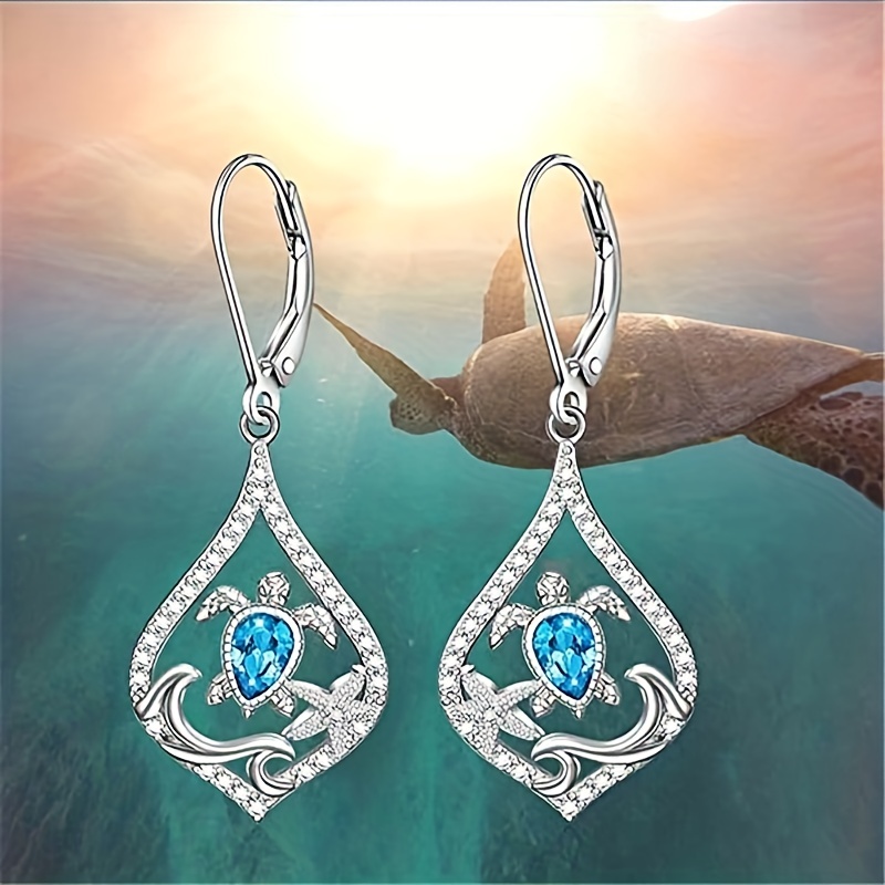 

Turtle & Starfish Design Hollow Dangle Earrings With Blue Shiny Zircon Decor Vacation Ocean Style Copper Silver Jewelry Daily Casual