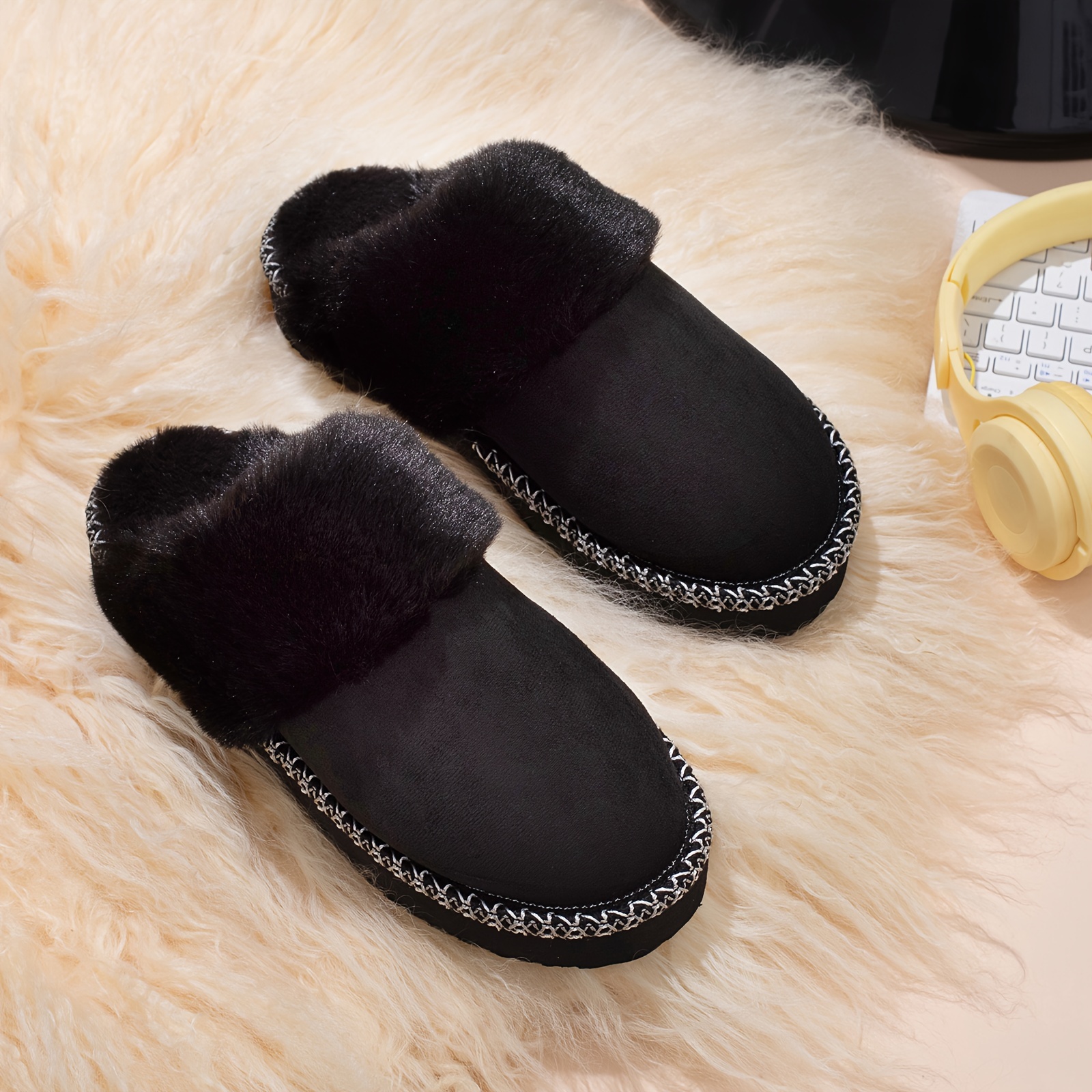 

Winter Fluffy Plush Lined Slippers, Solid Color Soft Sole Backless Fuzzy Shoes, Cozy & Warm Home Floor Slippers