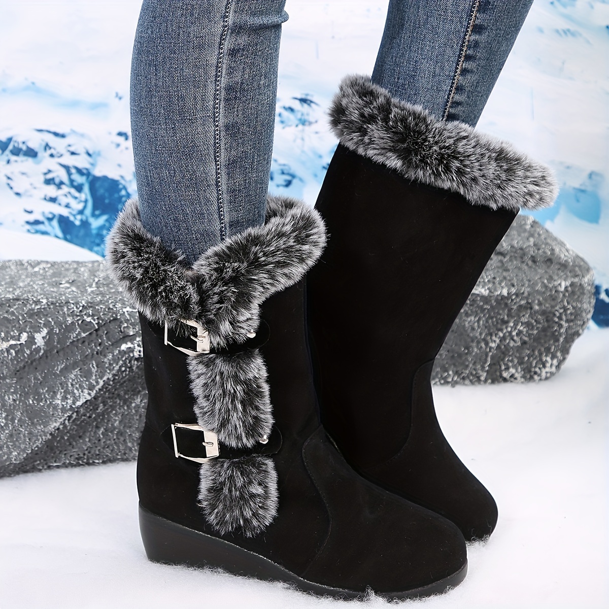 Women s Wedge Heeled Boots Fashion Buckle Strap Detailed Fur - Temu
