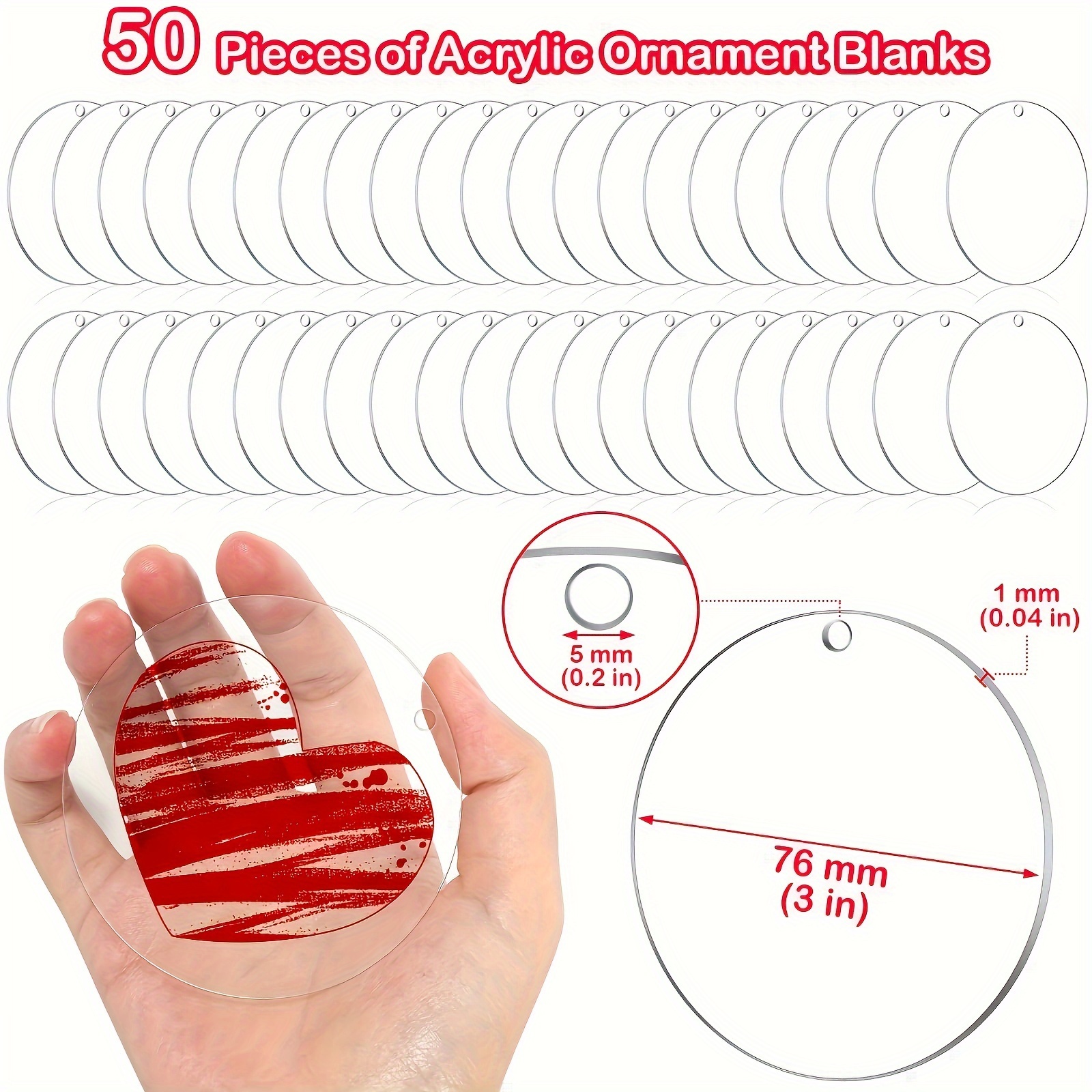 50 Pcs 3 Inch Acrylic Blanks With Hole Transparent Circle Ornament Clear  Round Acrylic Christmas Or