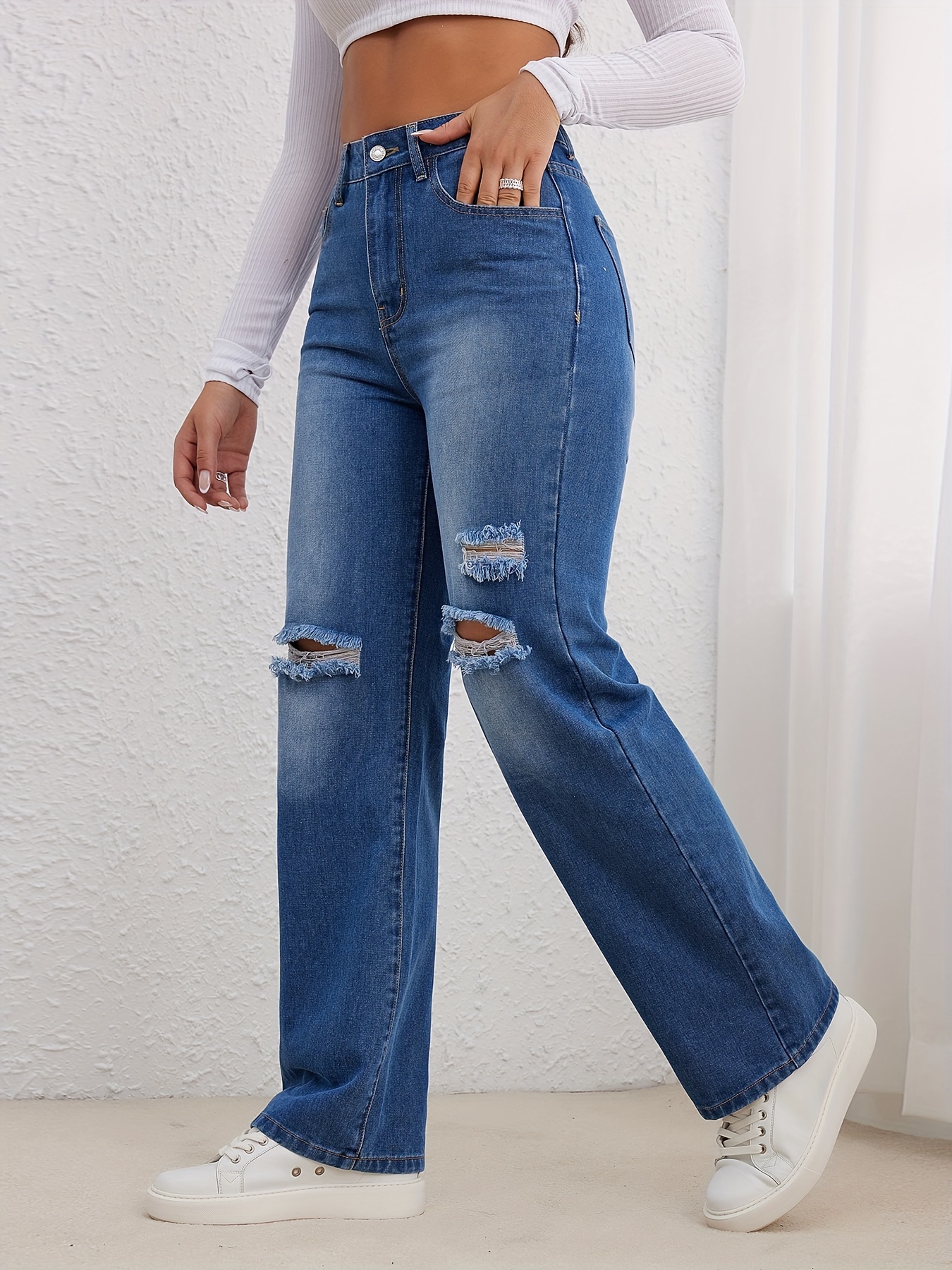 Jeans Rectos Desgastados * Claro, Pantalones De Mezclilla De Cintura Alta  De Ajuste Holgado Con Agujeros Rasgados, Jeans Y Ropa De Mujer