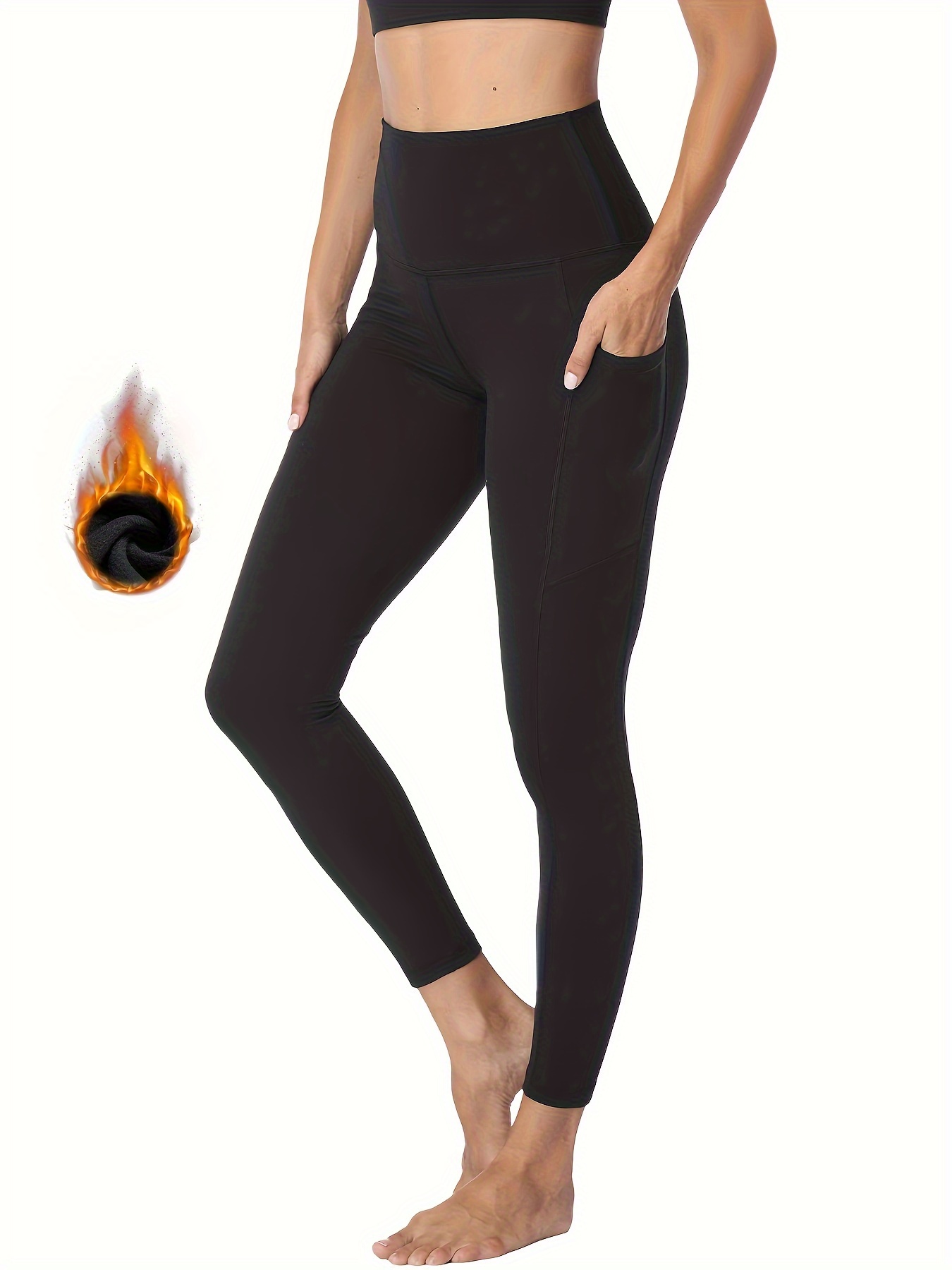 Solid Color Fleece Lined Yoga Pants High Waist Warm Running - Temu