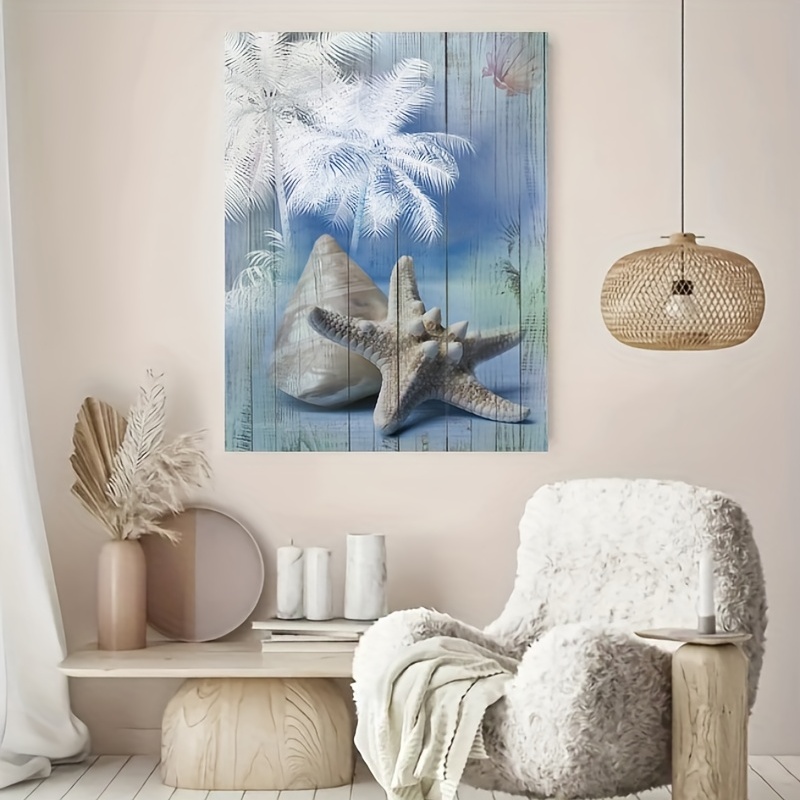 1pc Framed Coastal Canvas Print Poster Beach Seashell Canvas Wall Art  Rustic Teal Blue Conch Shell Artwork Wall Painting For Bathroom Bedroom  Office Living Room Wall Decor Home Decoration