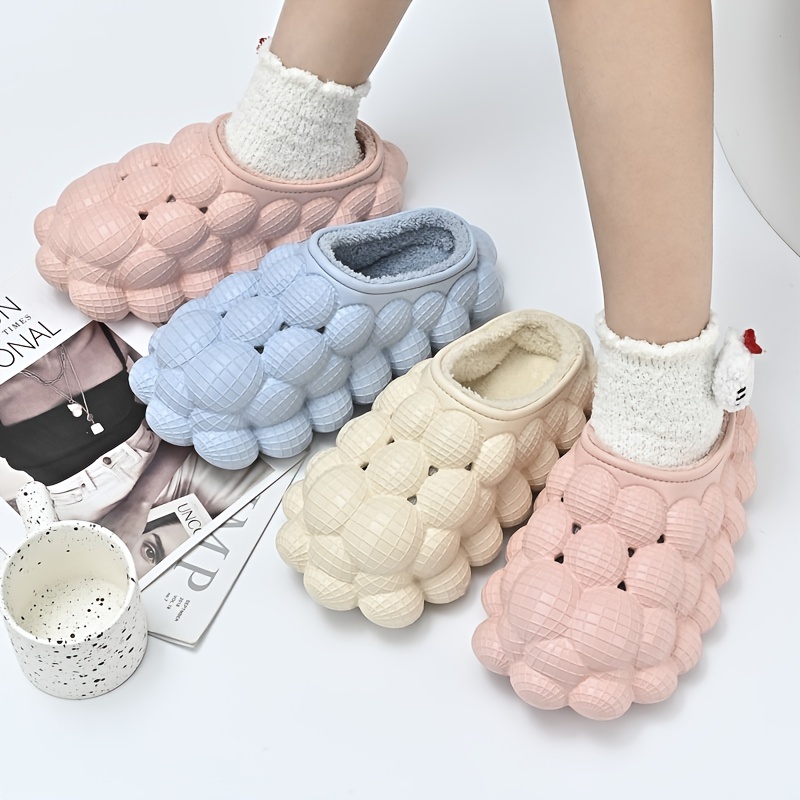 Solid Fleece Footwear, Women's Bubble Warm Soft Slides,Slippers Women,Temu