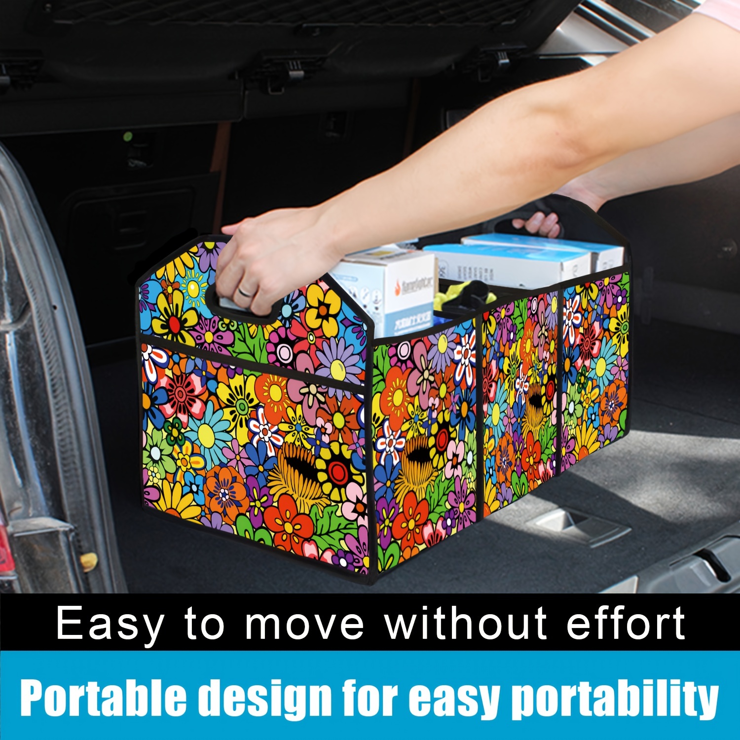 

1pc Multiple Flowers Printed Car Trunk Organizer, Large Capacity, Waterproof, Foldable And With Pockets, Trunk Storage Bag For Car Suv, Sedan