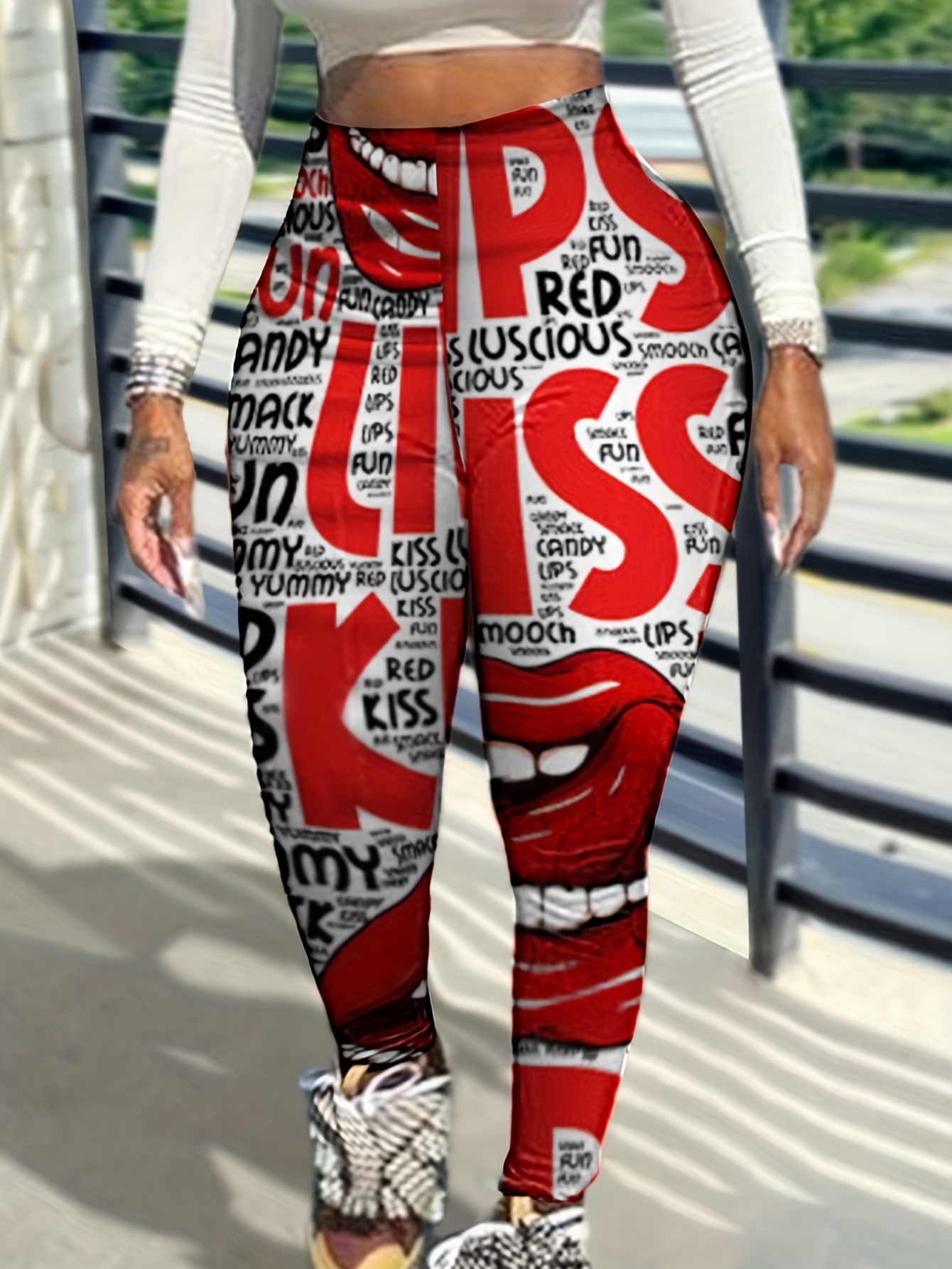 Plus Size Lip Letter Leggings High Rise Stretchy Skinny