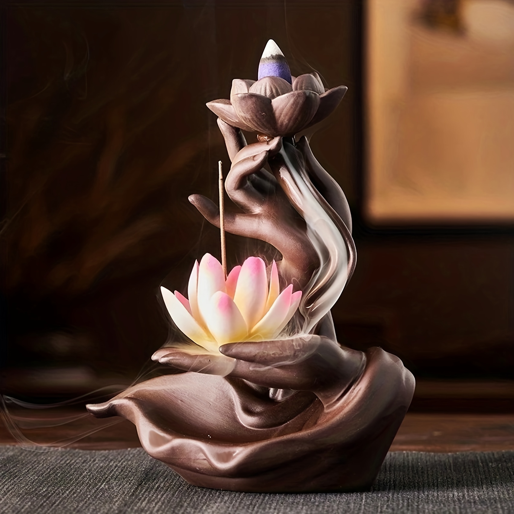 

1pc, Buddha Hand Backflow Incense Burner Holder Miniature Waterfall Colorful Lotus Flower Home Office Decoration Ornament