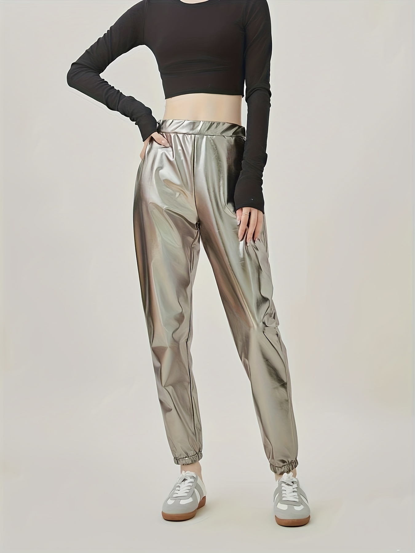 Sequin Spliced Jogging Pants Elastic Waist Loose Casual - Temu