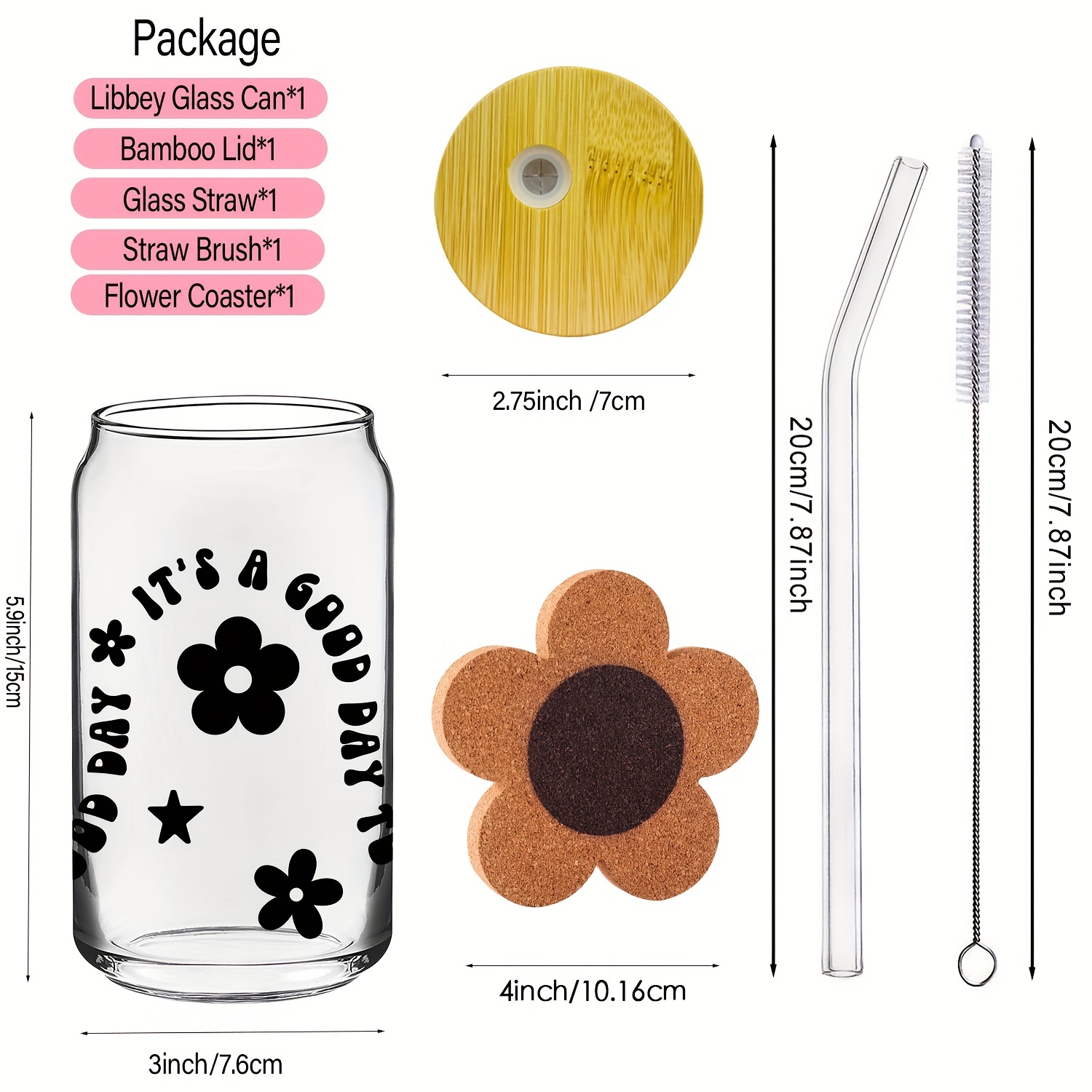 16oz pink Smile Flower Themed Libbey Glass Cans Set (1pc Glass Cup+1pc  Bamboo Lid+1pc Glass Straw +1pc Straw Brush), Beer Glass Cans, Soda, Iced  Coff