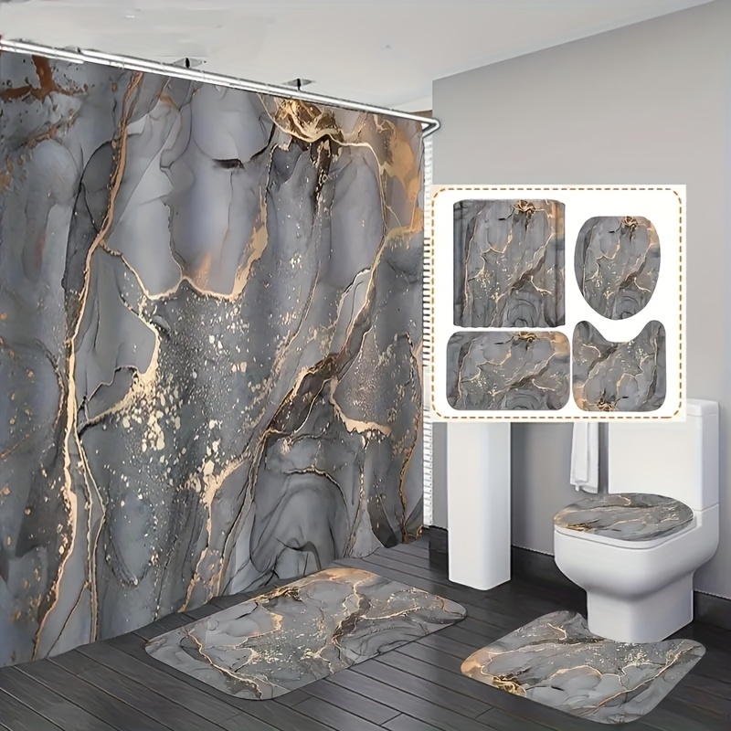 

1/4pcs Marble Pattern Shower Curtain Set, Crackle Golden Texture Bath Curtain With 12 Hooks, Anti Slip Bathmat U Shaped Toilet Mat And Toilet Cover Set, Bathroom Accessories, Bathroom Decor