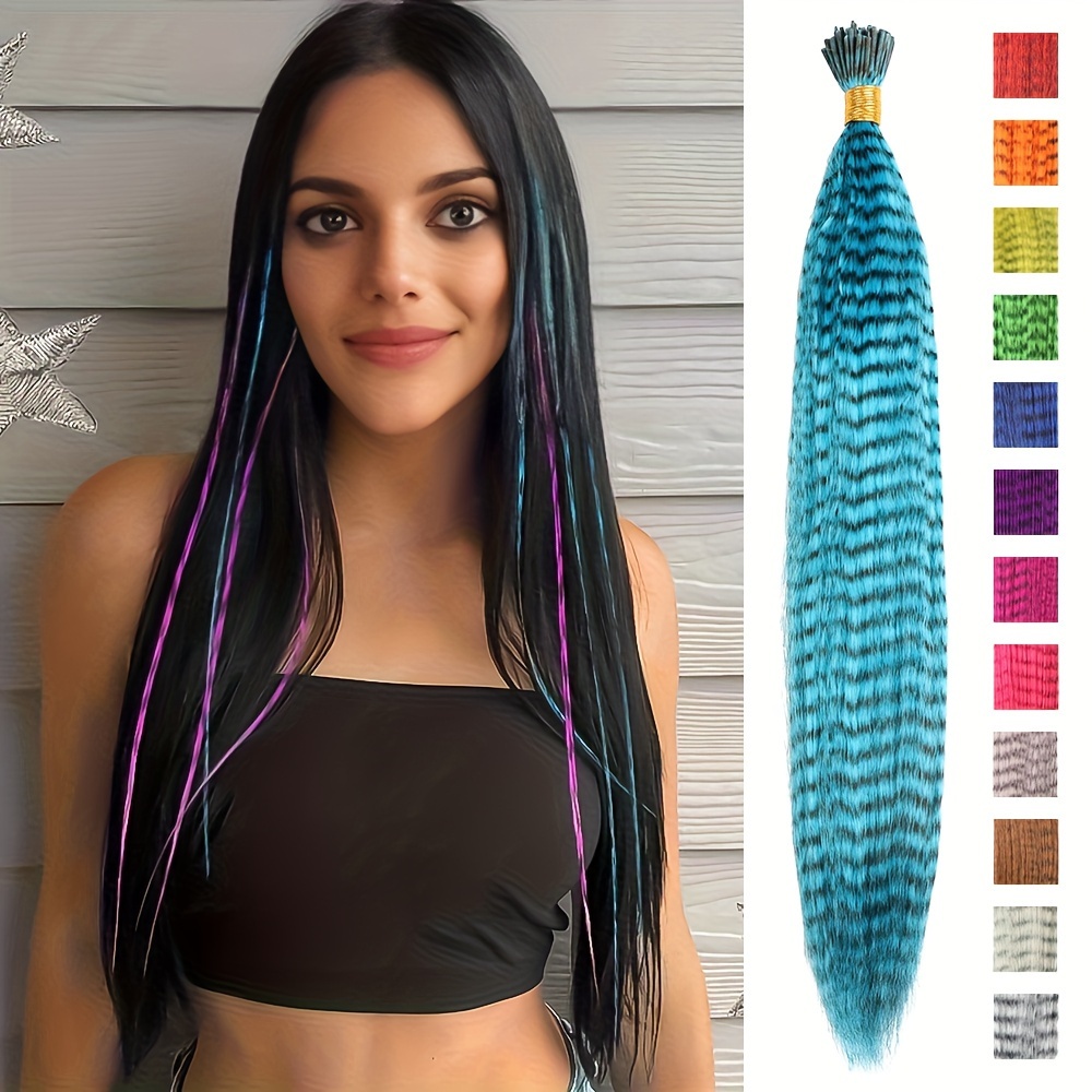 Colorful Feather Hair Extension Set 13 Colors 10pcs/pack Colorful Feather Striped Hair Extension High Temperature Fiber Hair Extension,Temu