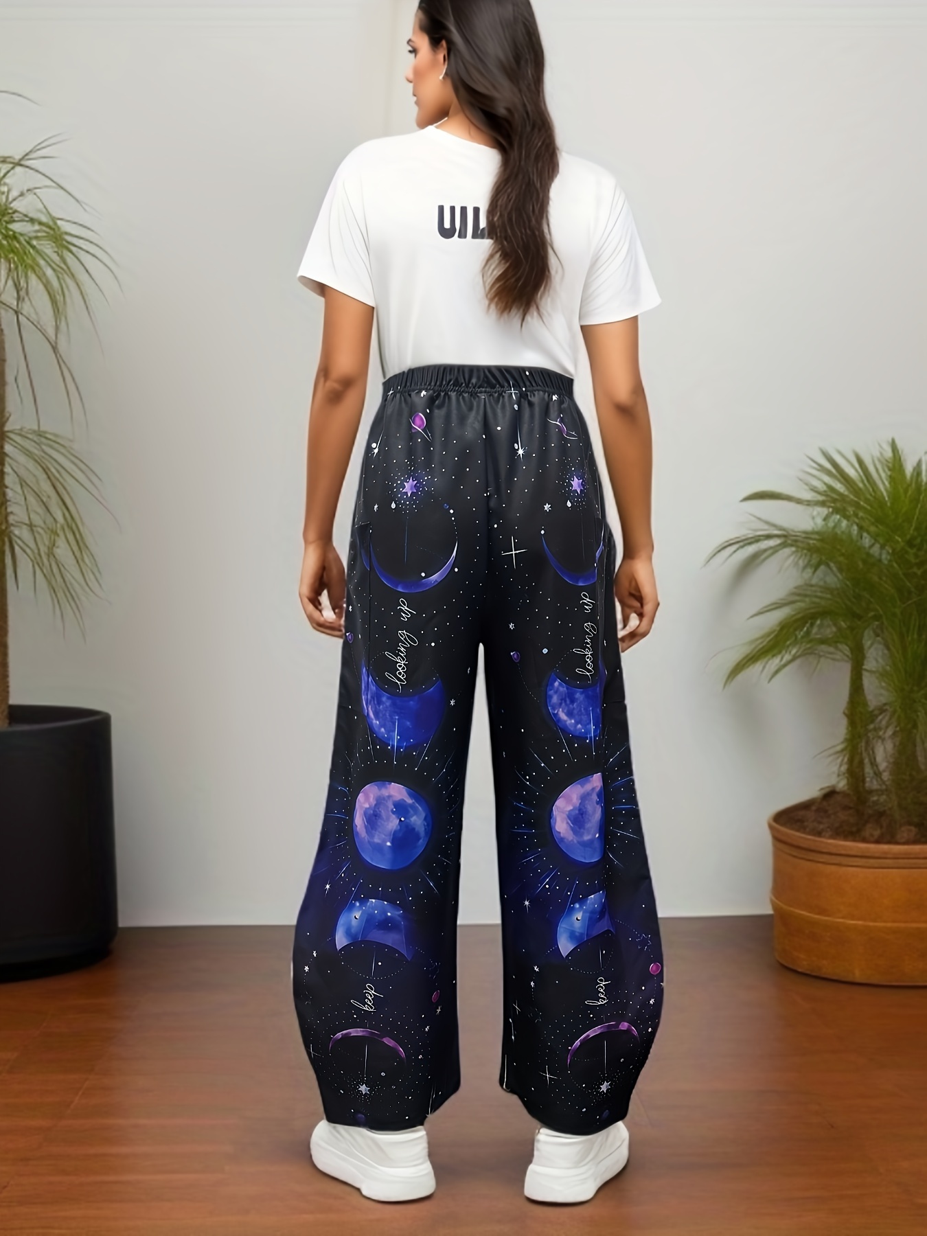 Sun Moon Print Wide Leg Pants Casual Elastic Waist Pants - Temu