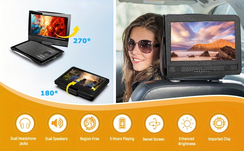 11 Portable DVD Player for Kids with 9.5 inch HD Swivel Screen, Car  Headrest