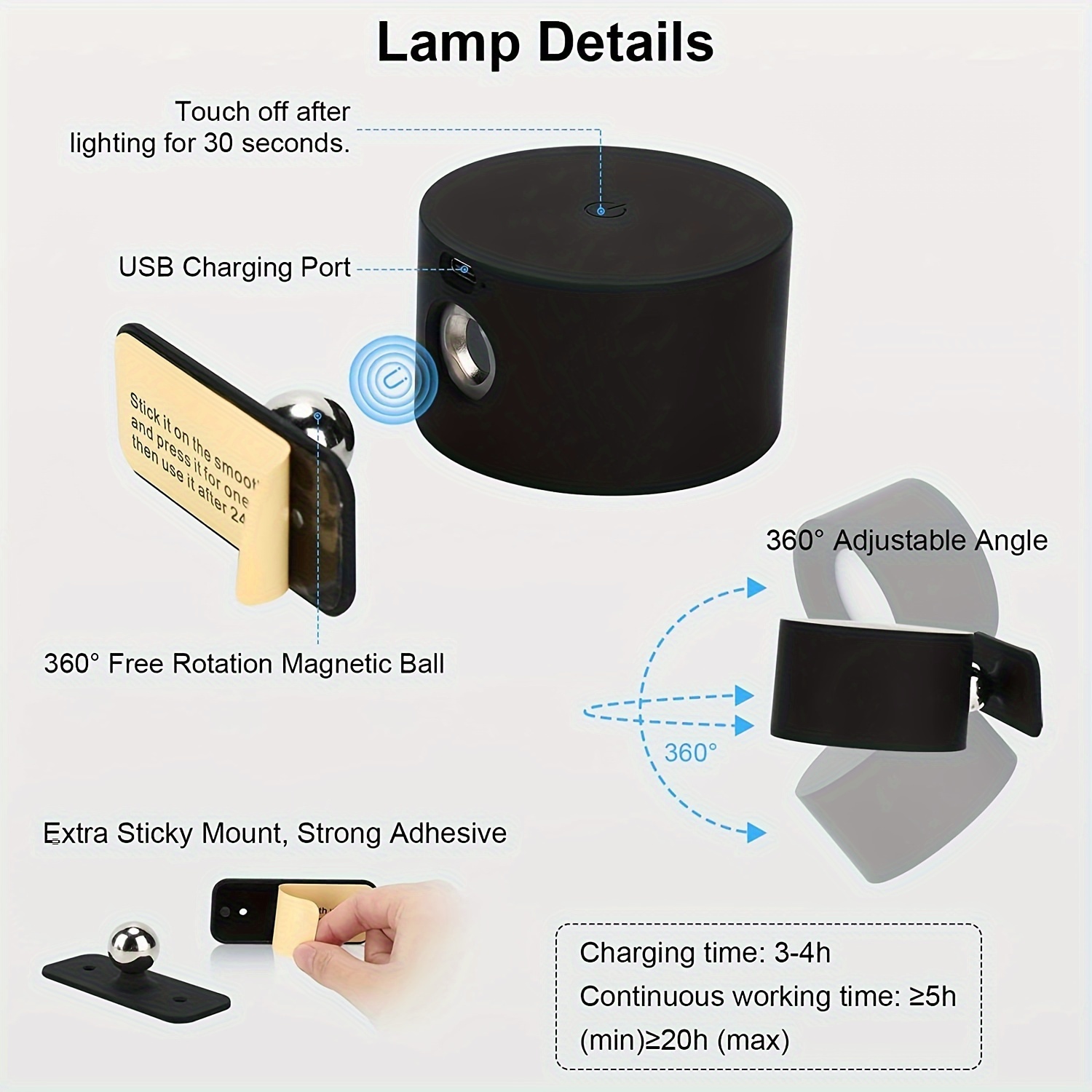 Aplique de pared LED, lámpara de pared con batería recargable, 3  temperaturas de color y 3 niveles de brillo, bola magnética giratoria de  360°