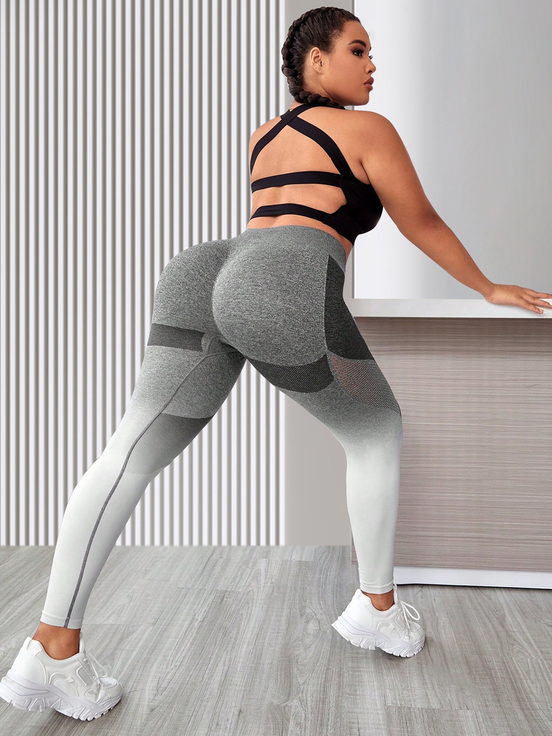 Plus Size Sports Leggings, Women's Plus Graphic Print Wide Waistband Butt  Lifting Running Yoga Leggings
