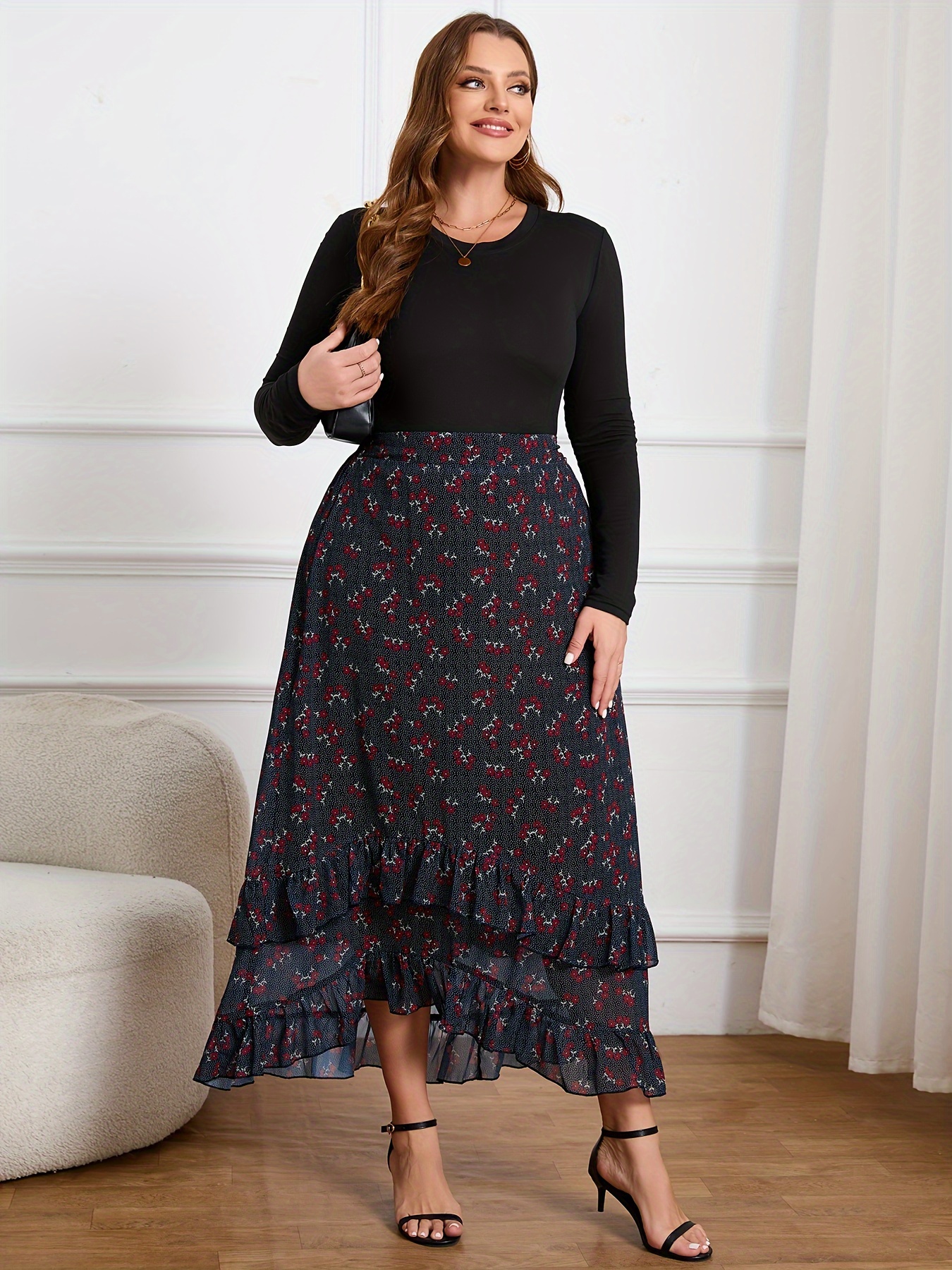 Plus Size Floral Print Ruched Skirt Casual Ruffle Skirt Temu