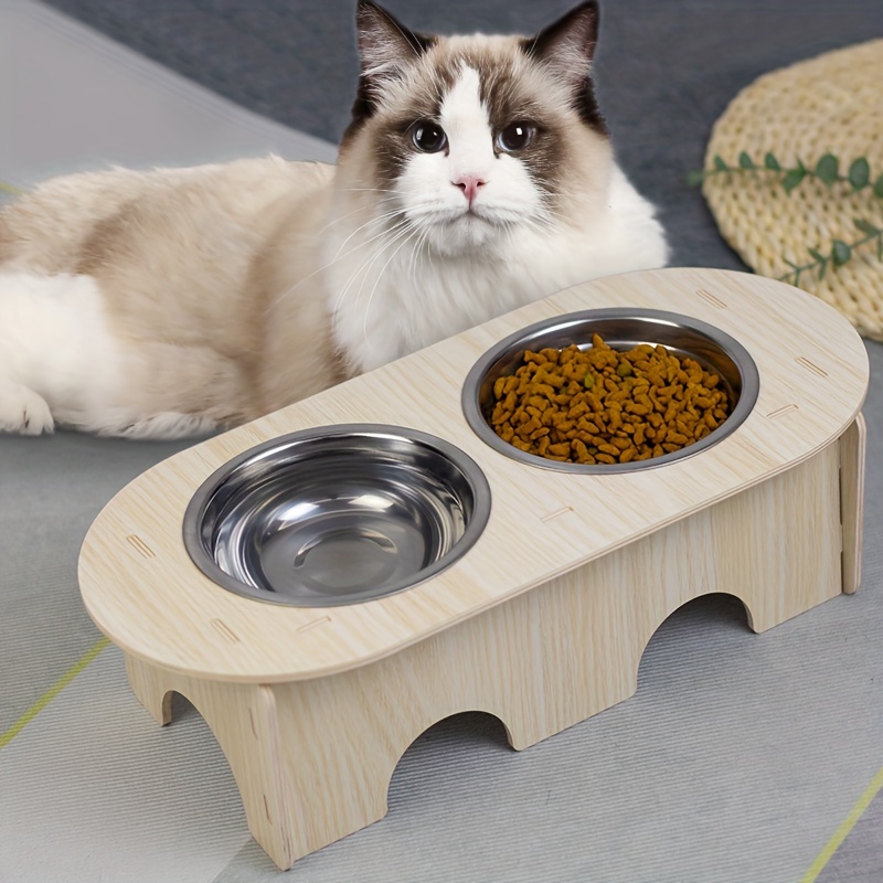 Raised Cat Bowls With Wooden Feeder Stand Elevated 2 - Temu