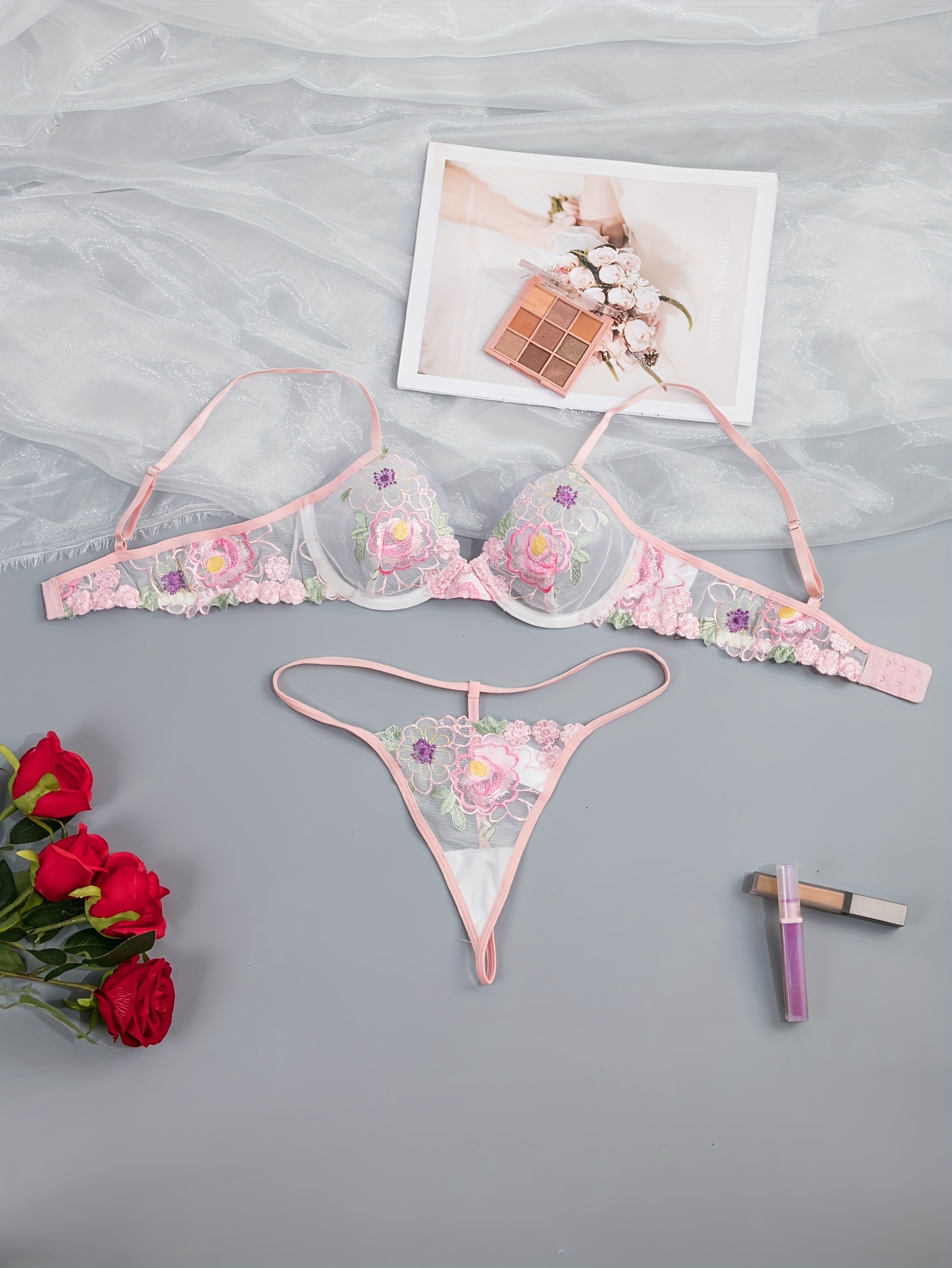 Floral Embroidery Lingerie Set Mesh Unlined Bra Mesh Thong - Temu