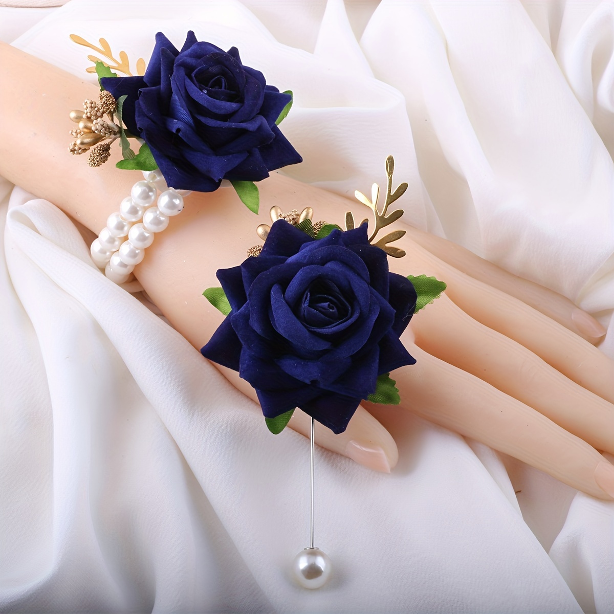 Silk Roses Wrist Corsage Bracelets Wedding Boutonnieres Bridesmaid Groom  White Blue Hand Flowers Marriage Prom Accessories