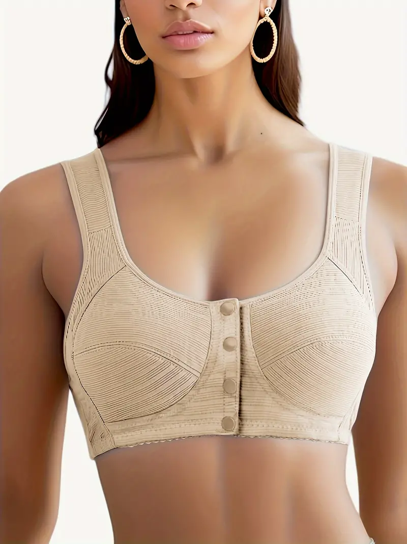 Simple Solid Striped Bra Comfy Breathable Wireless Button - Temu