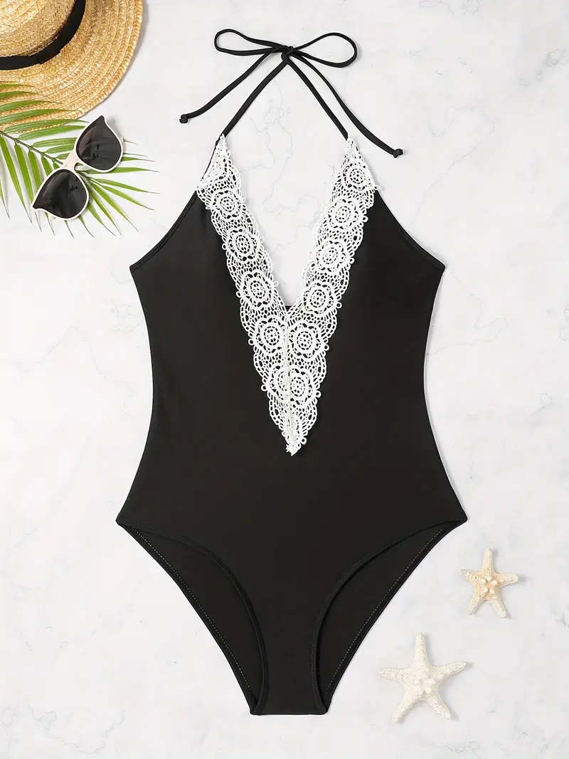 Lace Decor Deep V Neck Swimsuit High Stretch Black - Temu