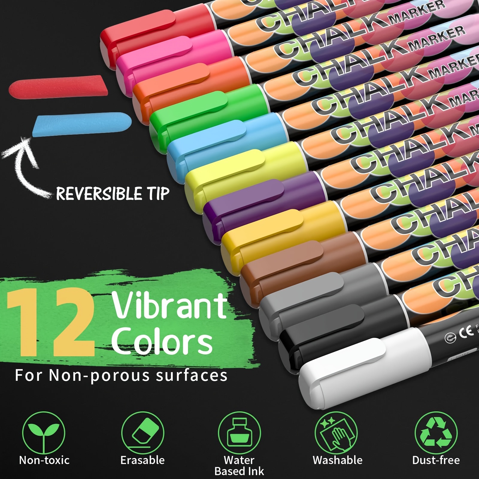 Liquid Erasable Chalk Markers Pens - 12 Colors Washable & Wet