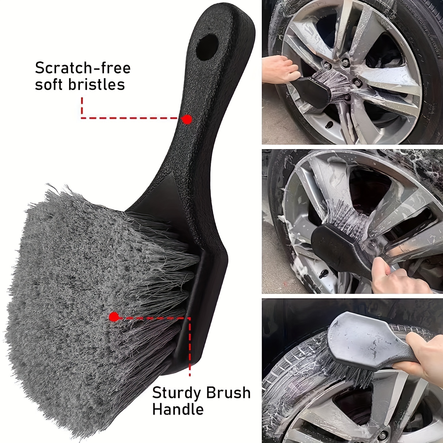 Wheel & Tire Brush for Car Rim, Soft Bristle Car Wash Brush, Cleans Tires &  Releases Dirt and Road Grime, Short Handle for Easy Scrubbing Black