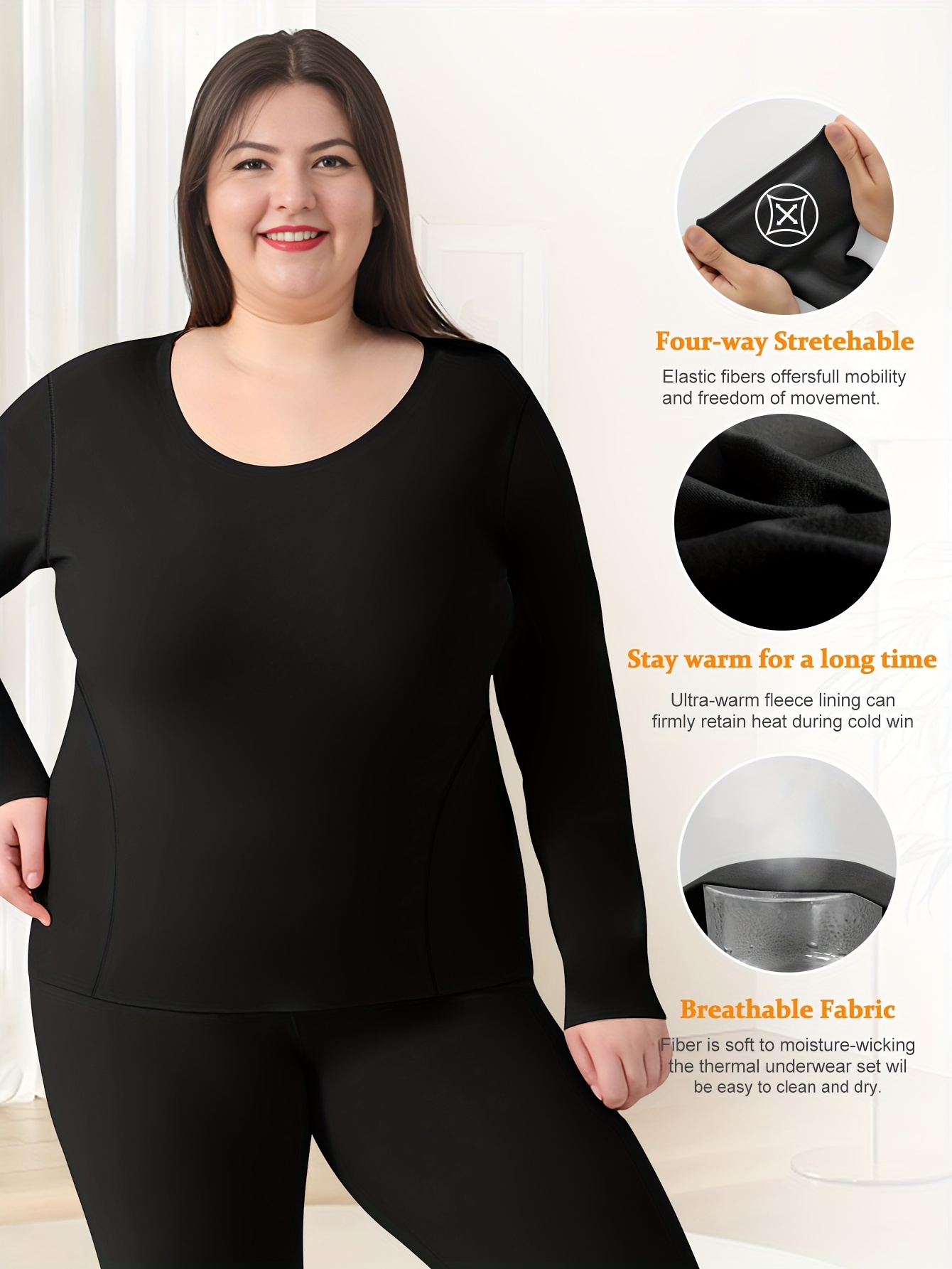 Women's Simple Thermal Underwear, Plus Size Solid Fleece Lined Long Sleeve  Base Layer Top, Shop Now For Limited-time Deals