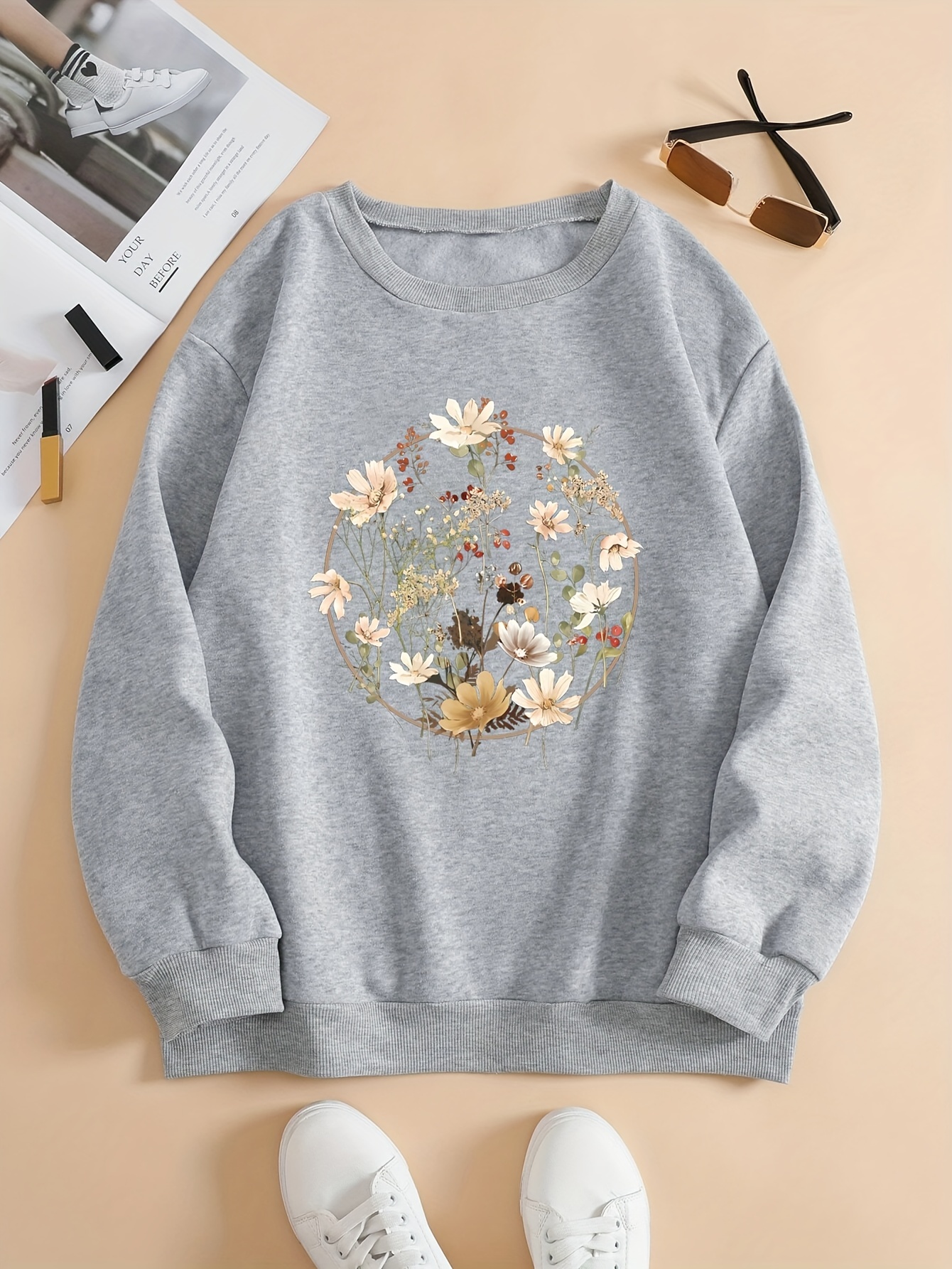 Vintage Flower Print Pullover Sweatshirt, Versatile Long Sleeve Crew Neck  Sweatshirt, Women's Clothing