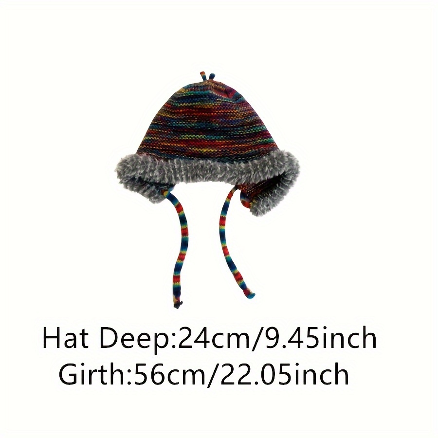 Vintage Rainbow Striped Ear Flap Hat Boho Color Block Crochet Beanie  Elastic Knit Hats Warm Beanies For Women Men Autumn & Winter