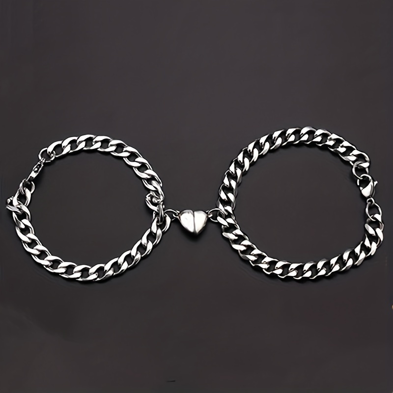 2pcs Black Magnetic Bracelet, Stainless Steel Heart-Shaped Couple Bracelet for Men Women,Temu