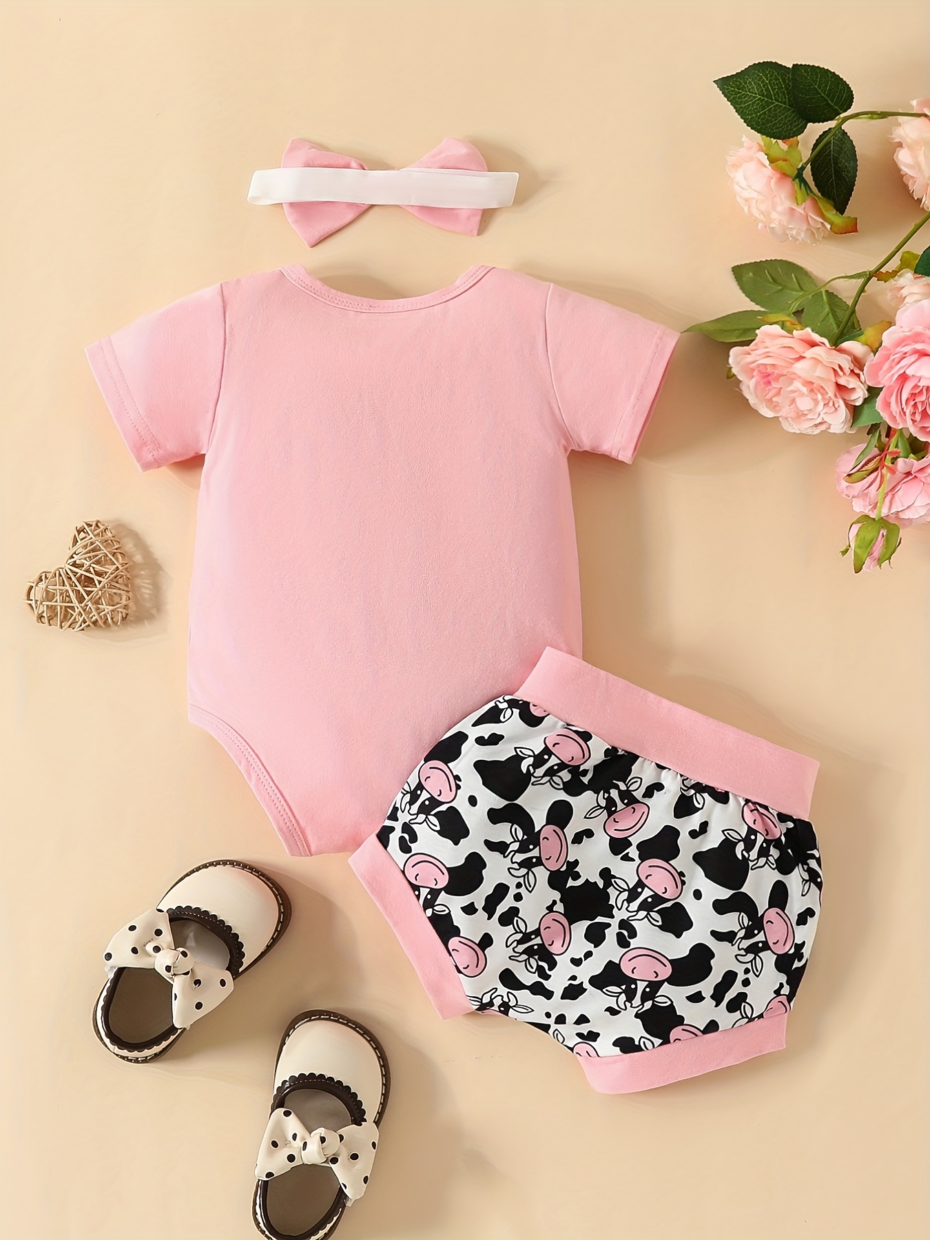 3PCS Newborn Baby Girls Romper Cow Headbands Tops Pants Outfits