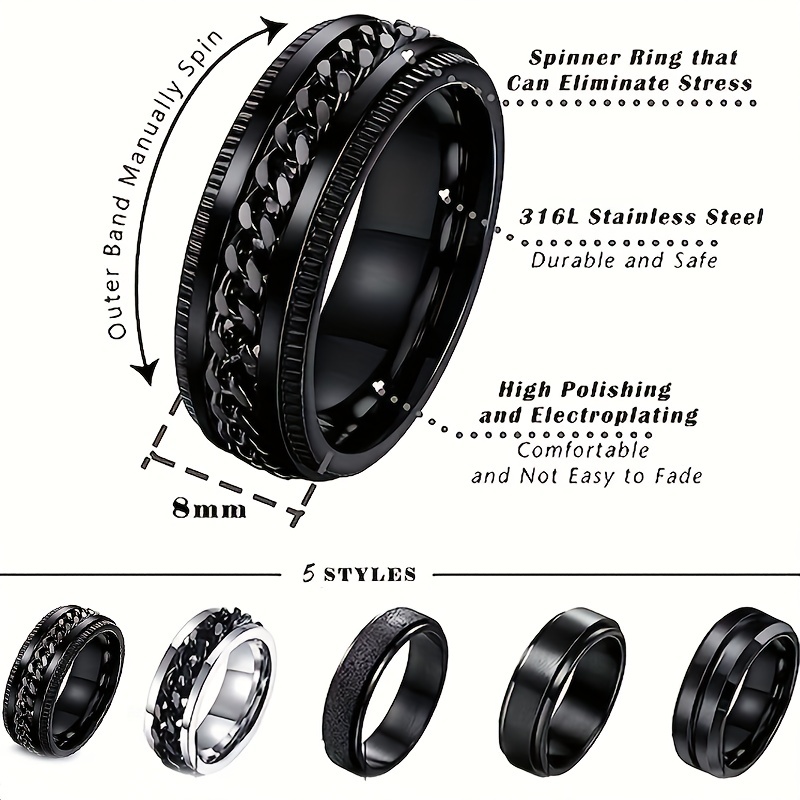 Men's Stainless Steel Ring Set Rotatable Decompression Ring - Temu