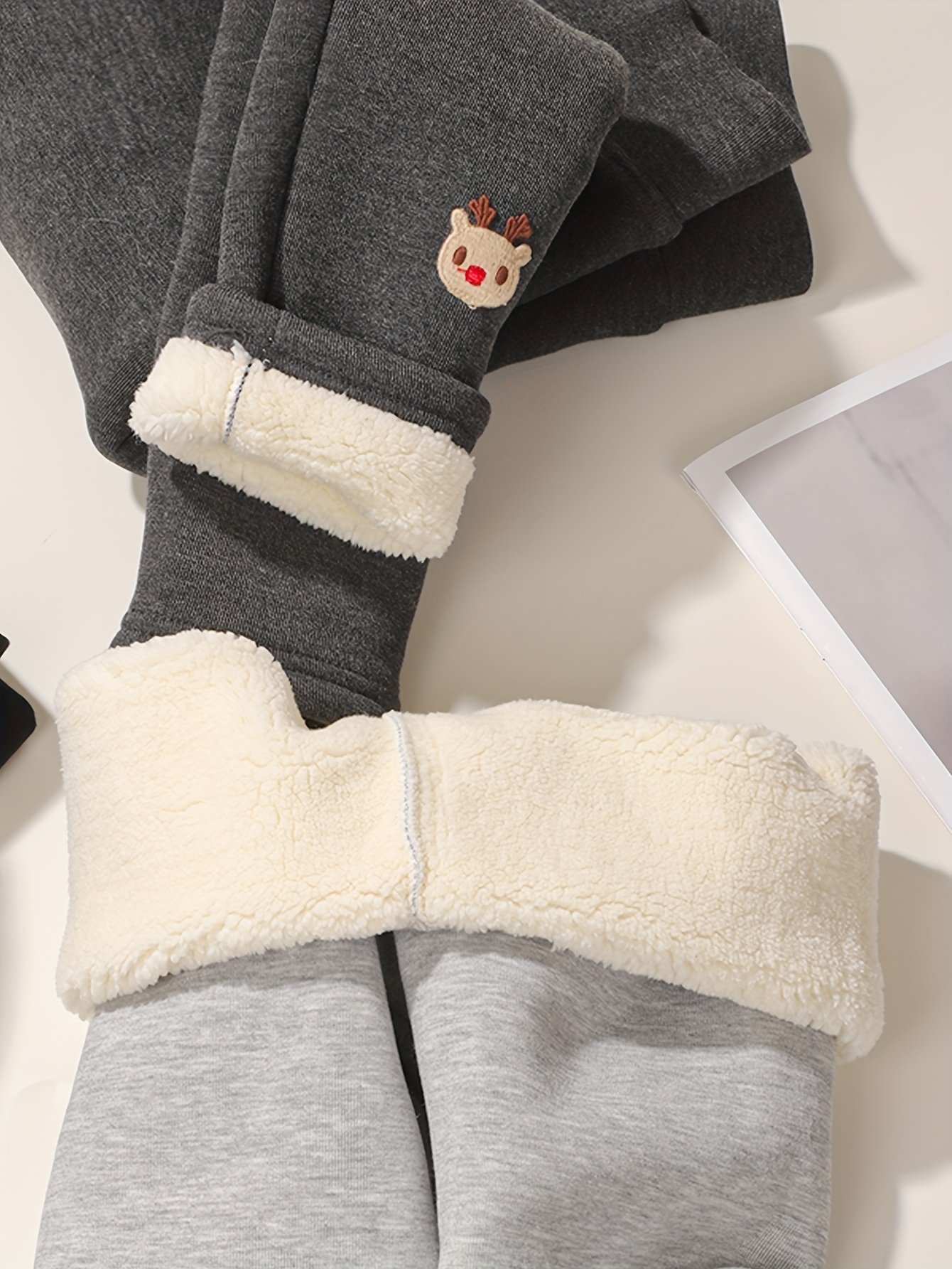 Warm Fleece Lined Leggings Thick Reindeer Embroidery - Temu