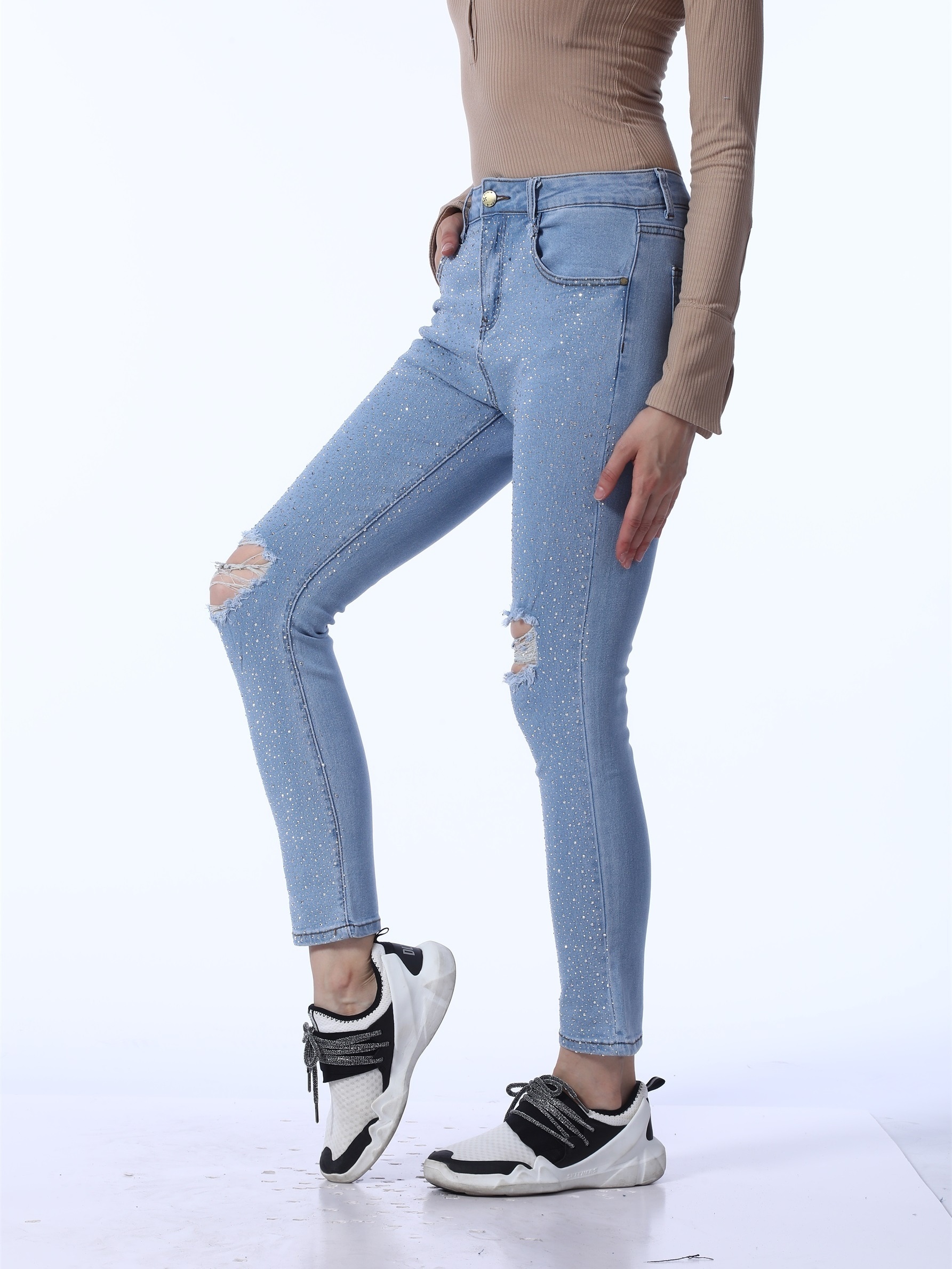 Women Bling Rhinestone Mid-Rise Skinny Jean with Pockets Ladies