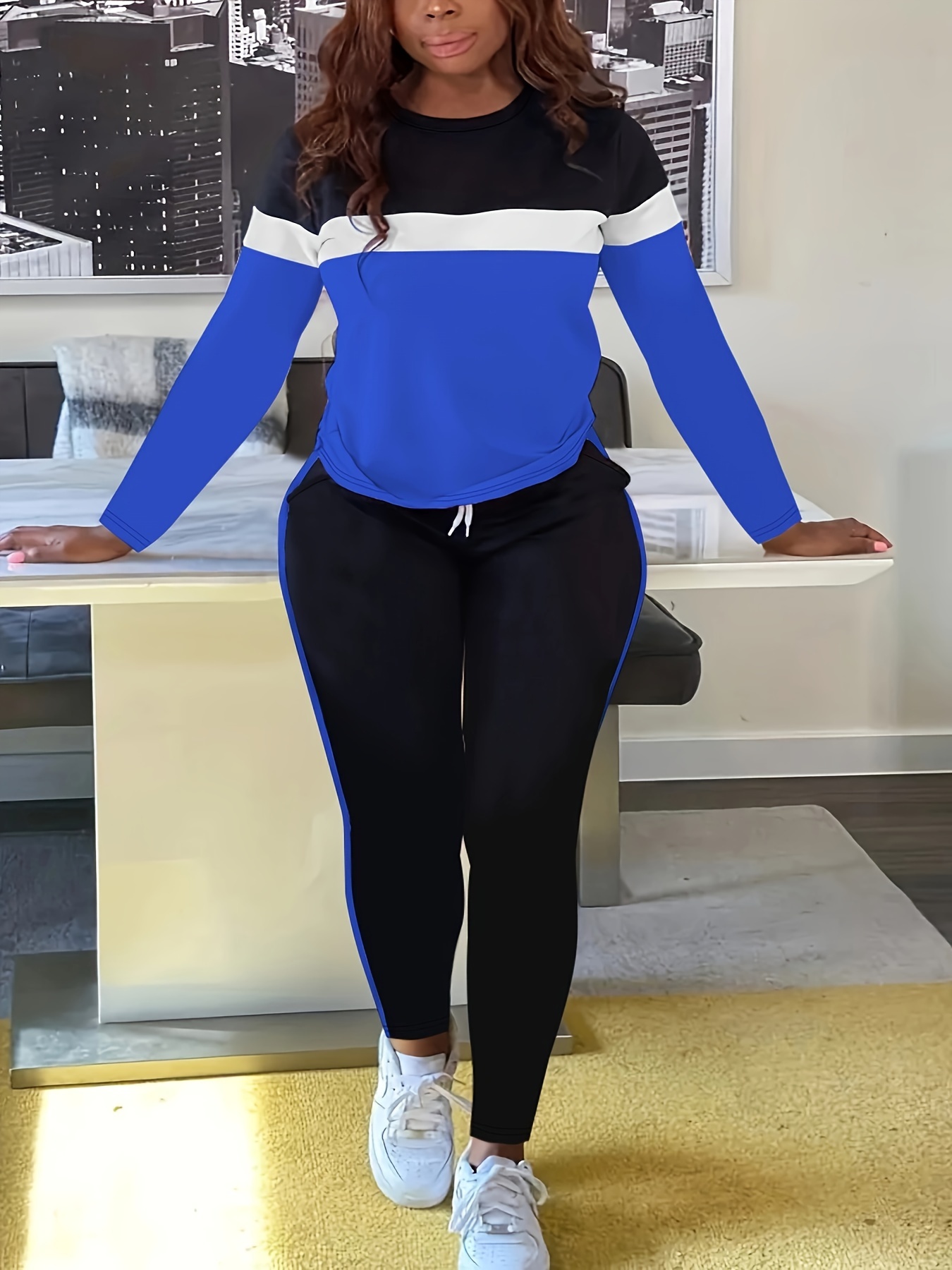 Fashion Plus Size Women Fashion Sexy V-Neck Solid Color Leggings Casual Two  Piece Set - The Little Connection
