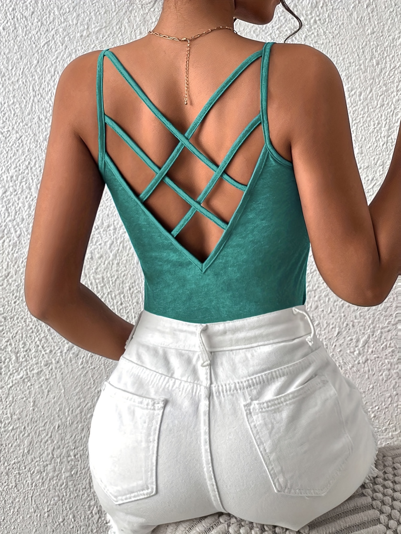 Criss Cross Lace Up Backless Crop Tank Top Sexy Round Neck - Temu
