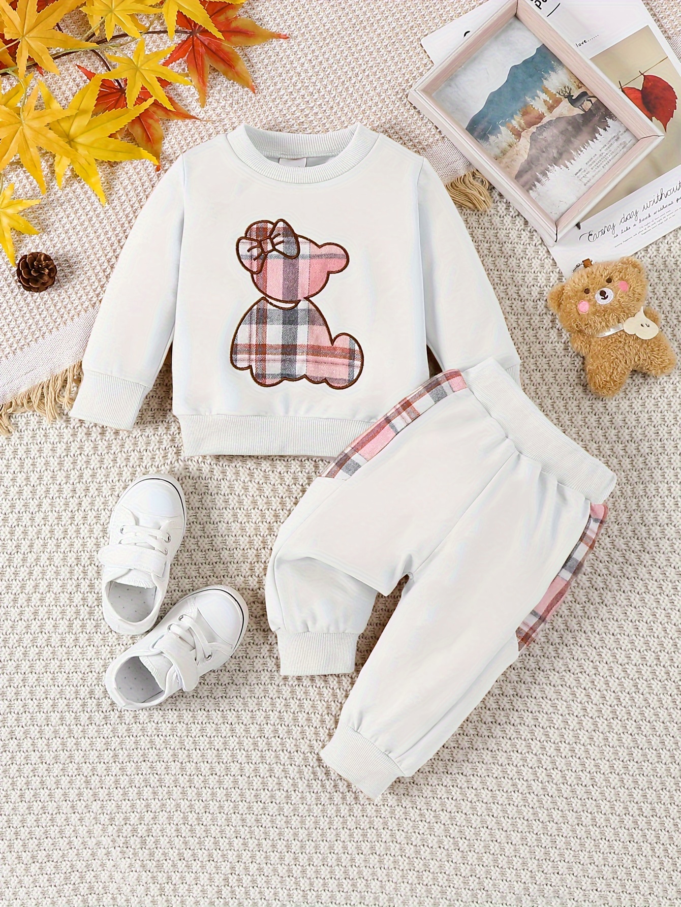 SUNSIOM 0-18M Baby Girls Cute Fall Clothes Bear Embroidery Long Sleeve Knit  Romper and Floral