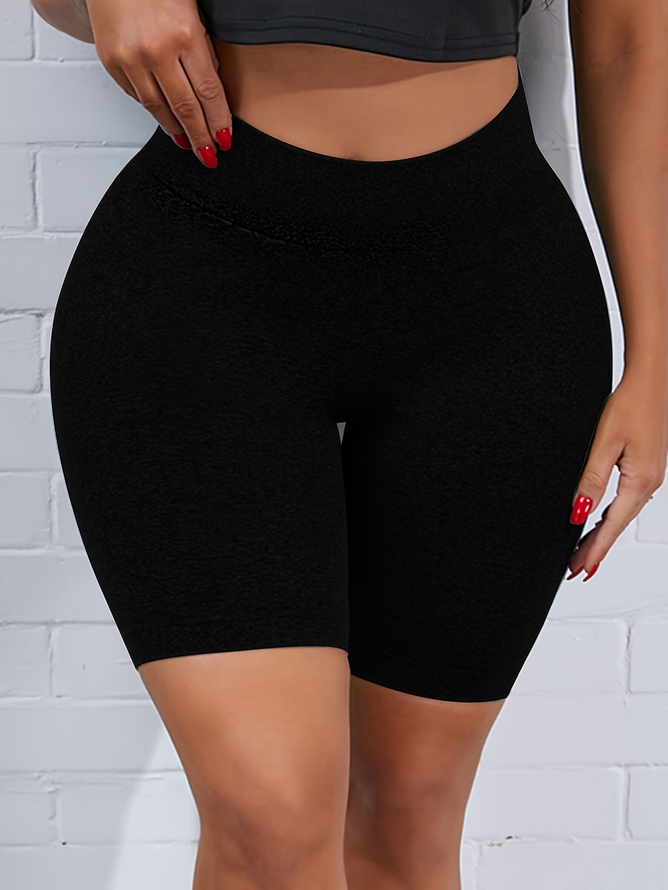 Solid High Waist Biker Shorts, Casual Workout Skinny Leggings With Pocket,  Women's Clothing