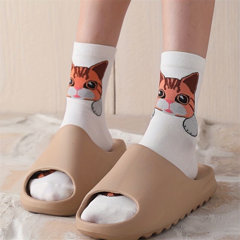 5 Pares Calcetines Estampado Gato Dibujos Animados Cómodos - Temu