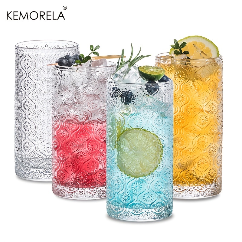 

4pcs Embossed Pattern Vintage Glassware Set With Straw And Coaster - 12.5/13.5 Oz Glass Cups For Romantic Water Glasses, Bar Beverages, Ice Coffee, Juice, And Summer/winter Drinkware Accessories