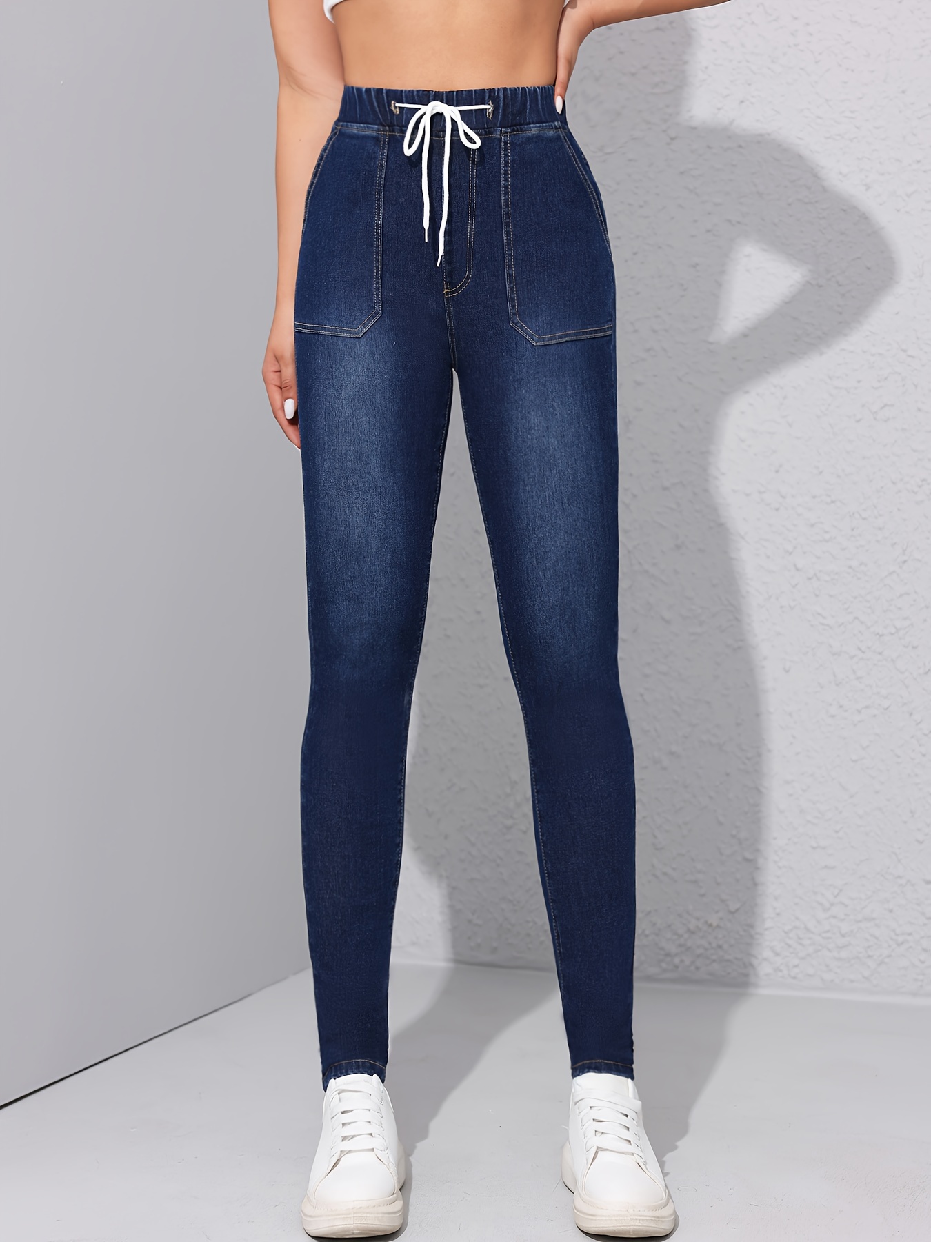 Dark Blue Drawstring Skinny Jeans Elastic Waist Slim Fit - Temu