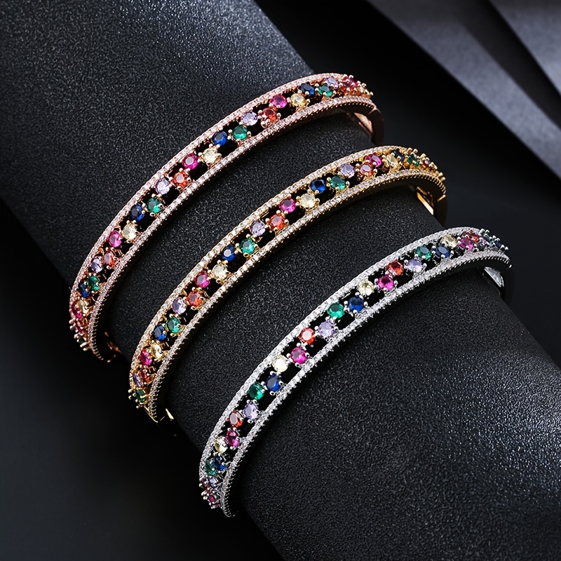Sparkly Colorful Zircon Bangle 18k Plated Open Hollow - Temu