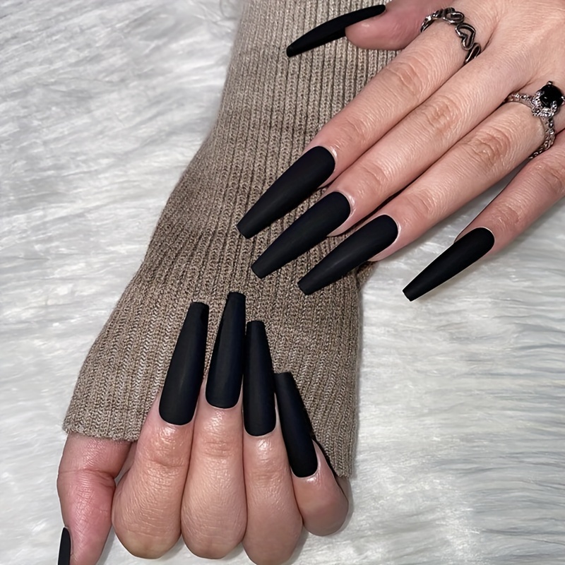 

24pcs Long Coffin Black Solid Color False Nails Personality Cool Let Ladies And Girls Charm