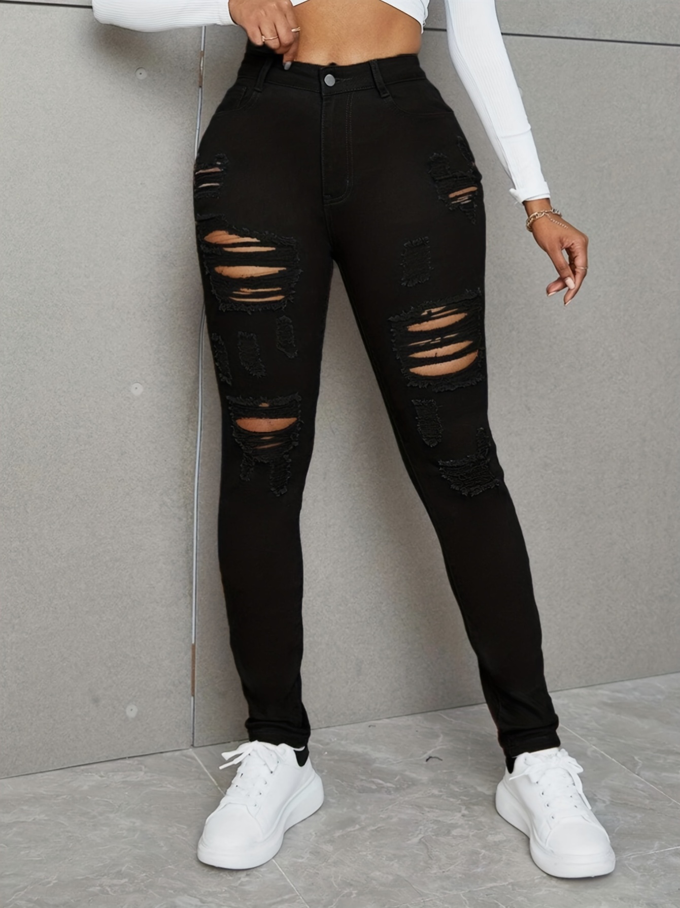 High Rise Ripped Skinny Jeans Solid Black Distressed - Temu