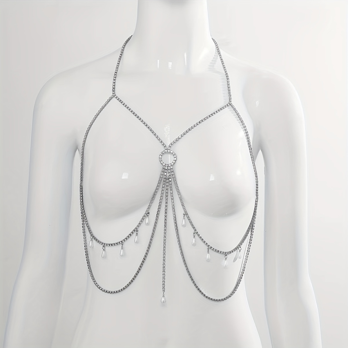 Drop Chain Rhinestone Bralette - Silver