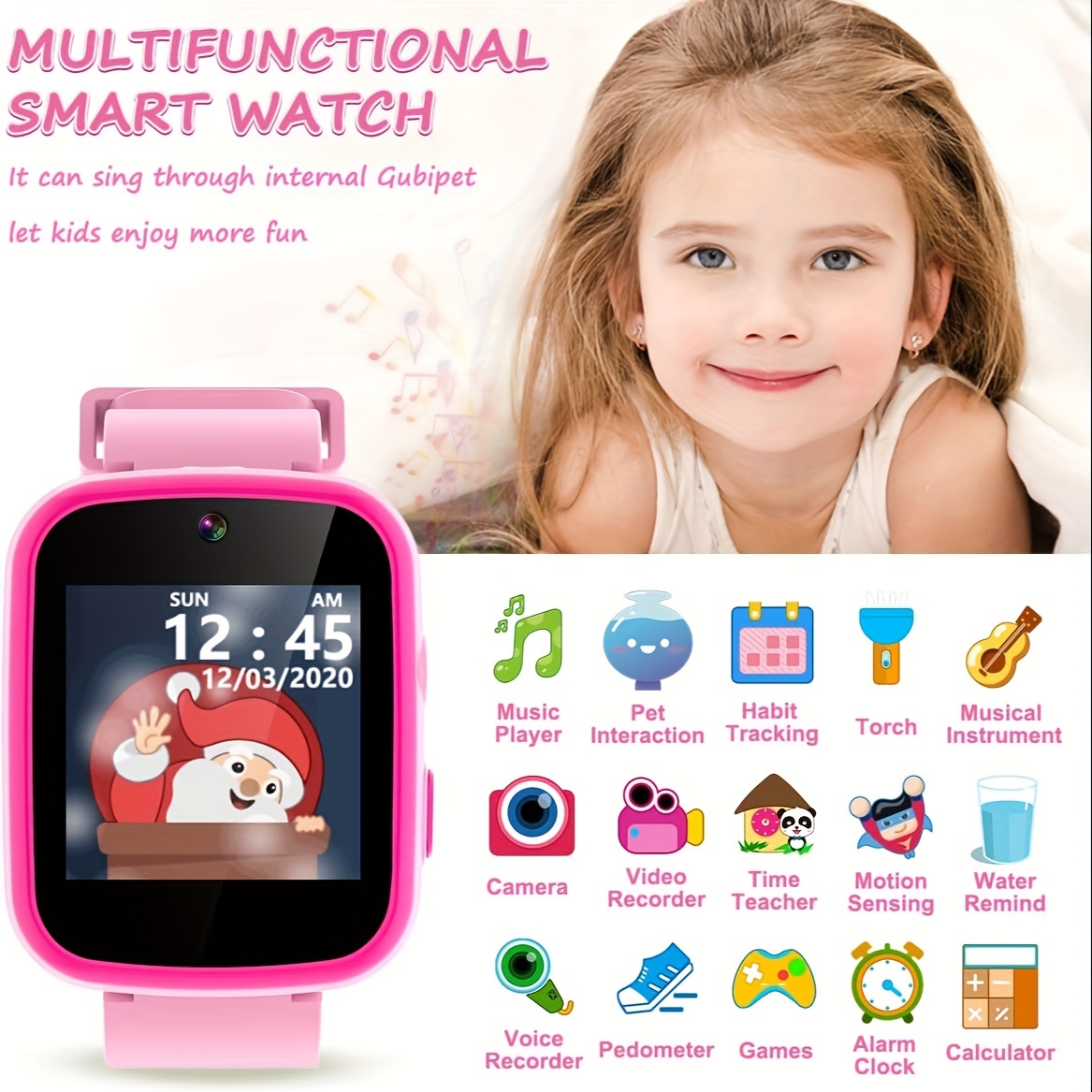  Reloj inteligente para niños con cámara de video, reproductor  de música, regalos educativos de cumpleaños para niños de 6, 7, 8, 9, 10,  11, 12 años (rosa) : Juguetes y Juegos
